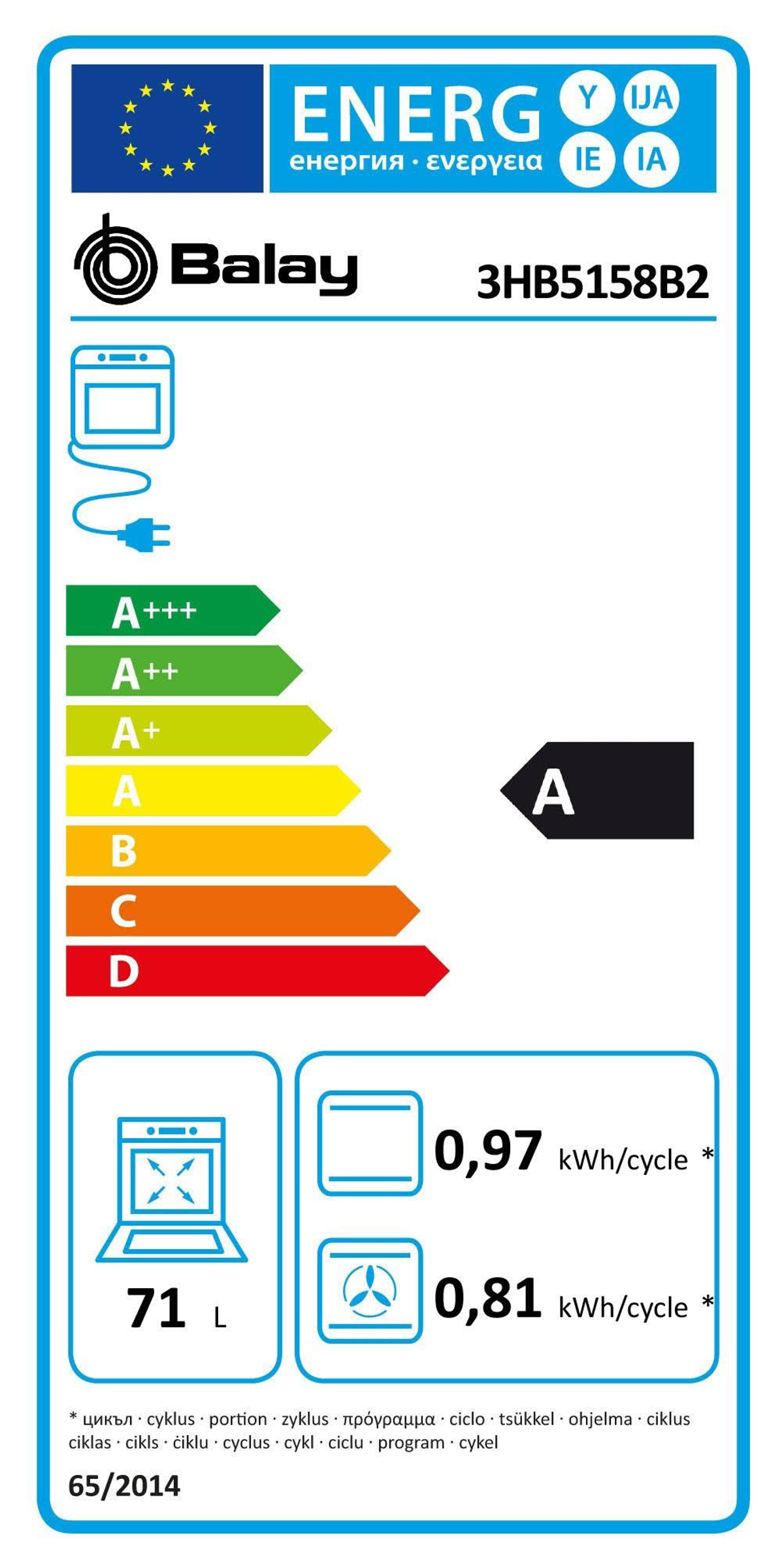 Etiqueta energética para un horno Balay, que muestra clasificaciones de eficiencia.