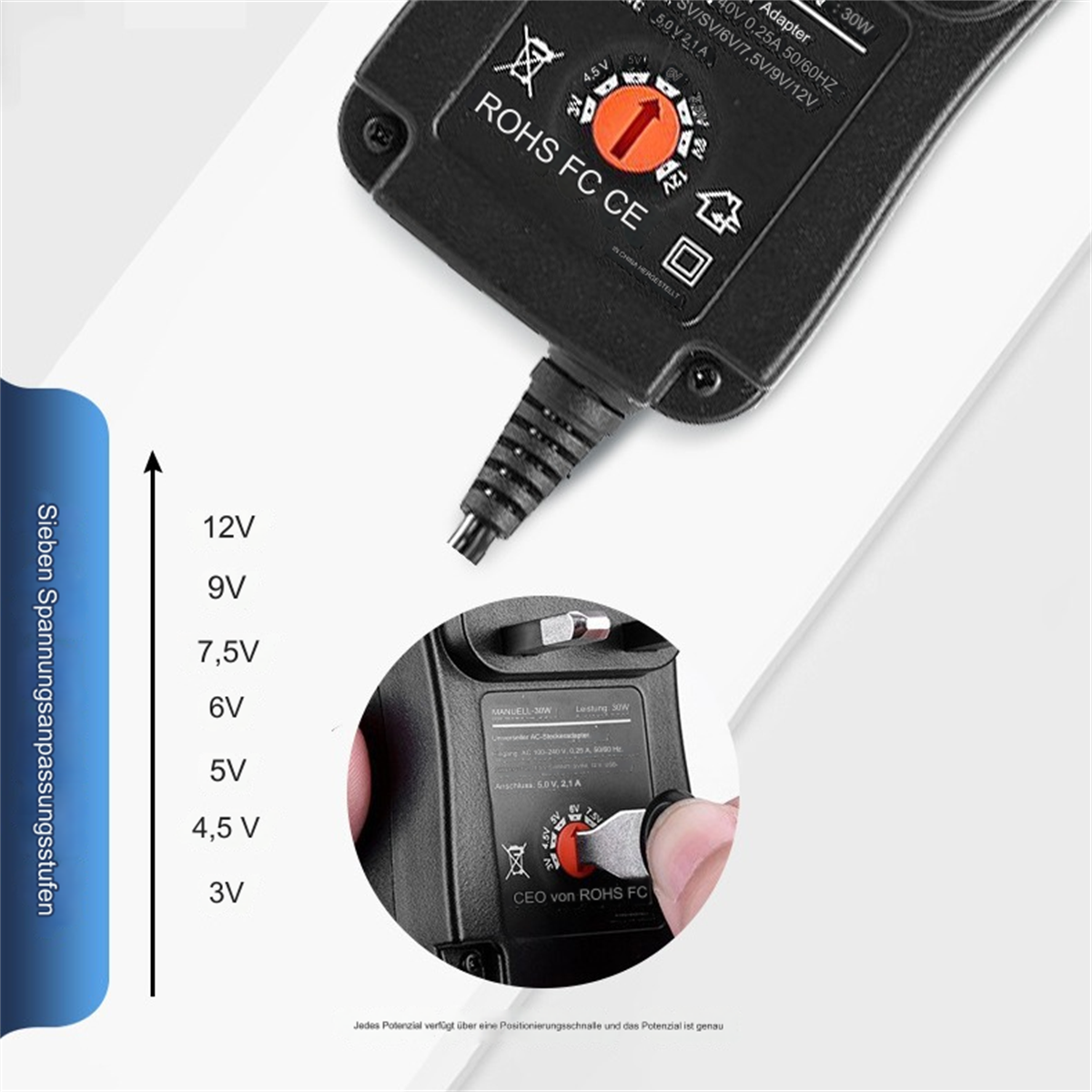 Nahaufnahme eines schwarzen Adapters, der Spannungseinstellungen und Anschluss zeigt.