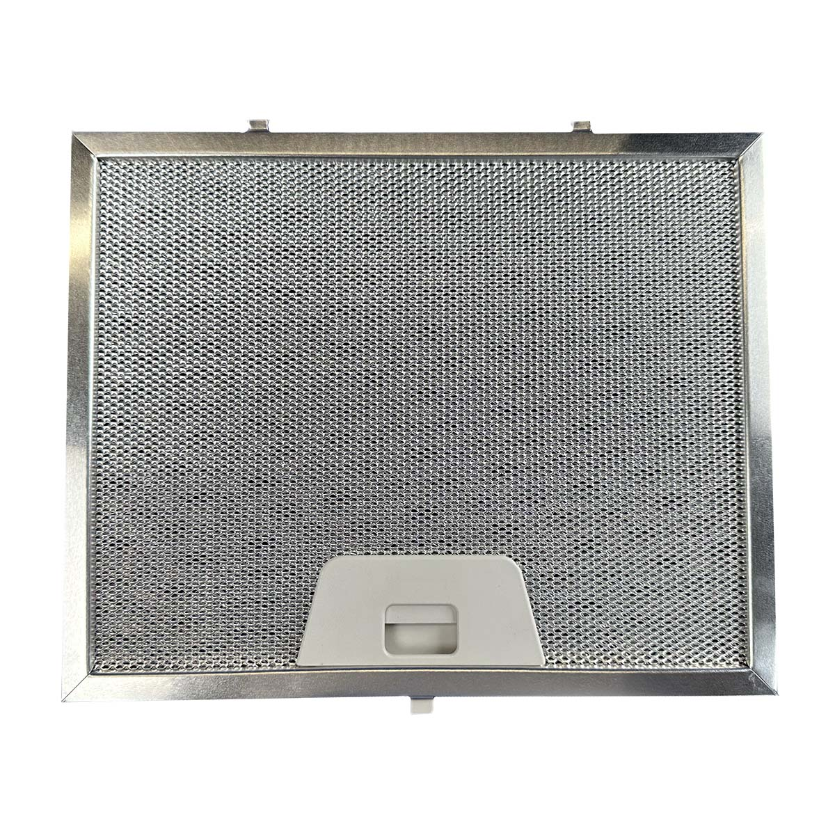 Metallfilter für Dunstabzugshaube. Es ist ein Quadrat mit einem weißen Griff in der Mitte.