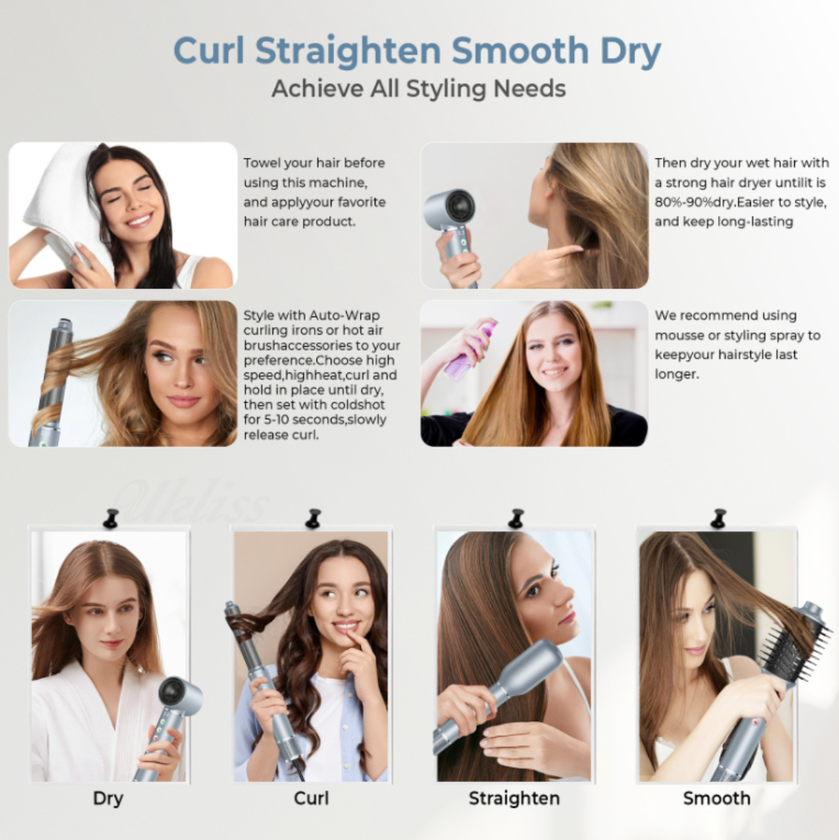 Bilder, die verschiedene Haarstyling-Methoden zeigen: trocken, locken, glätten, glätten, mit Textanweisungen.