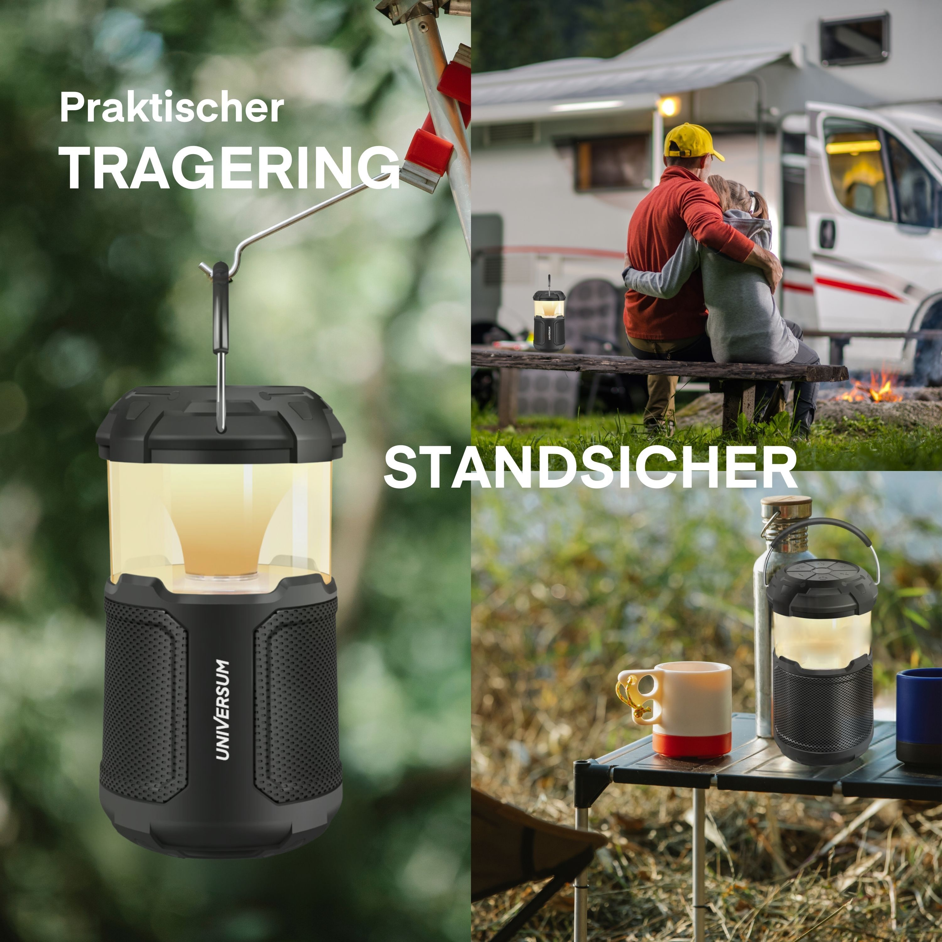 Mehrere Bilder: eine Lampe, ein Paar und ein Camping-Setup.