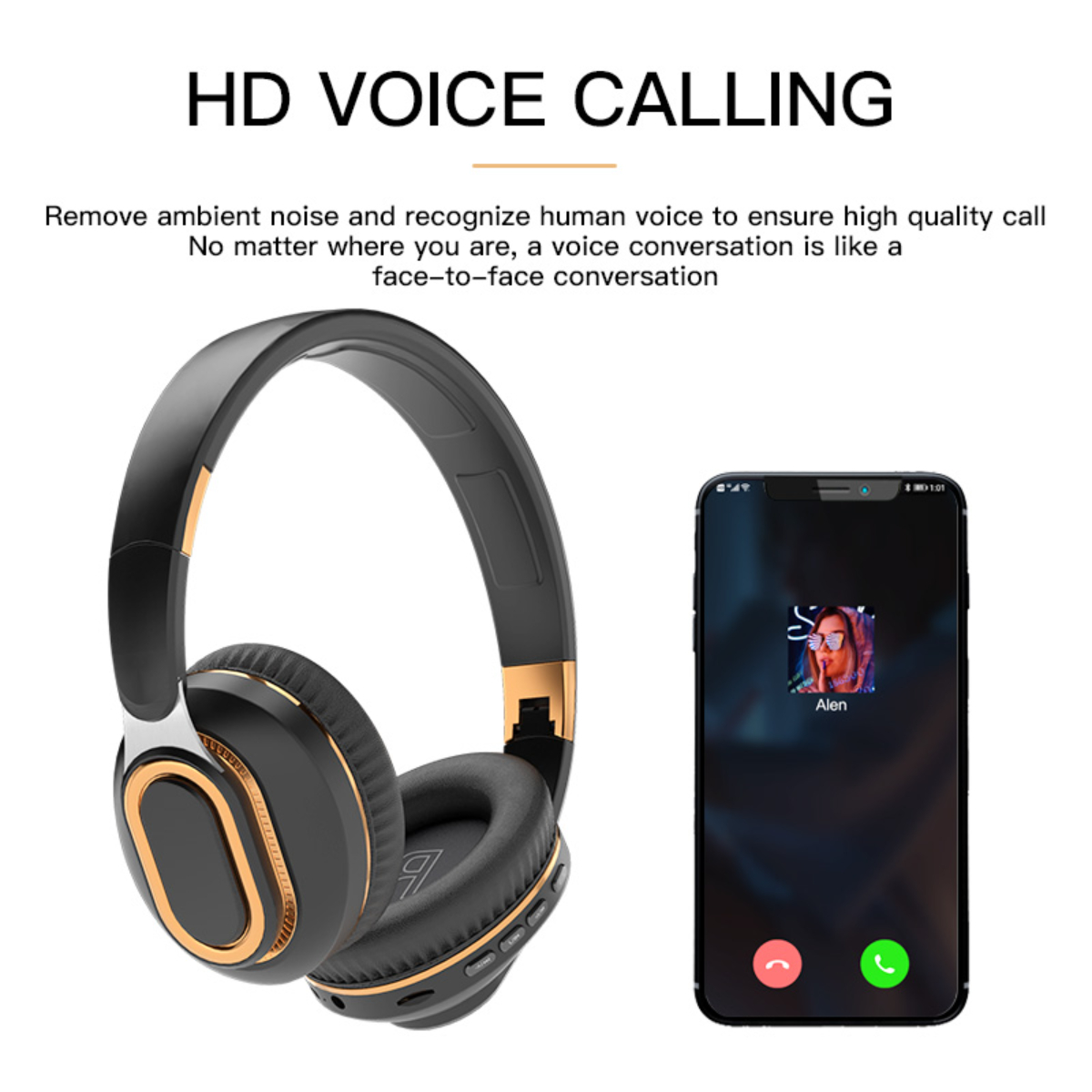 Schwarze und goldene Kopfhörer, ein Telefon, das einen Anruf zeigt, und Text: HD Voice Calling.