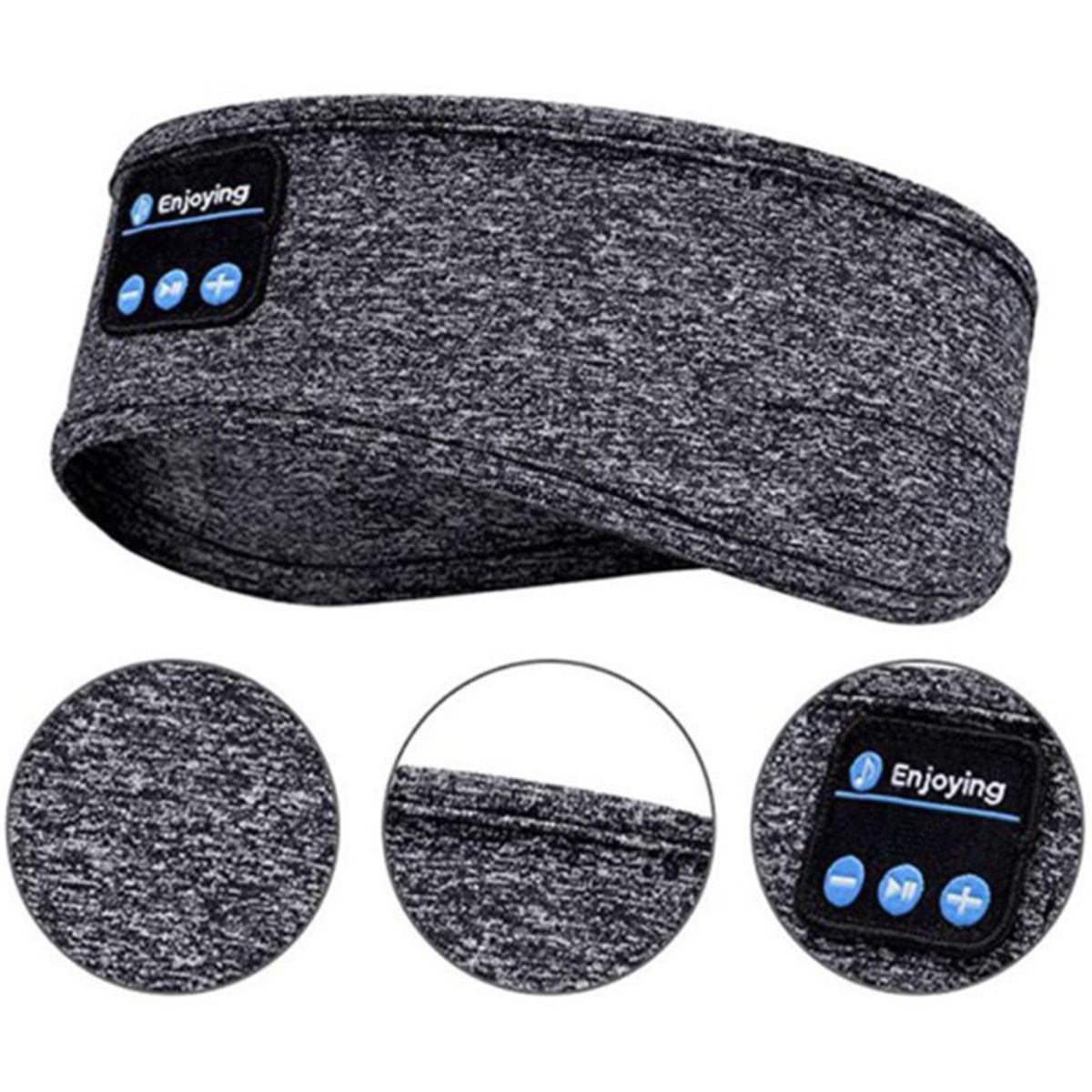Graues Stirnband mit schwarzen Bedienelementen und dem Aufdruck „Enjoying“.