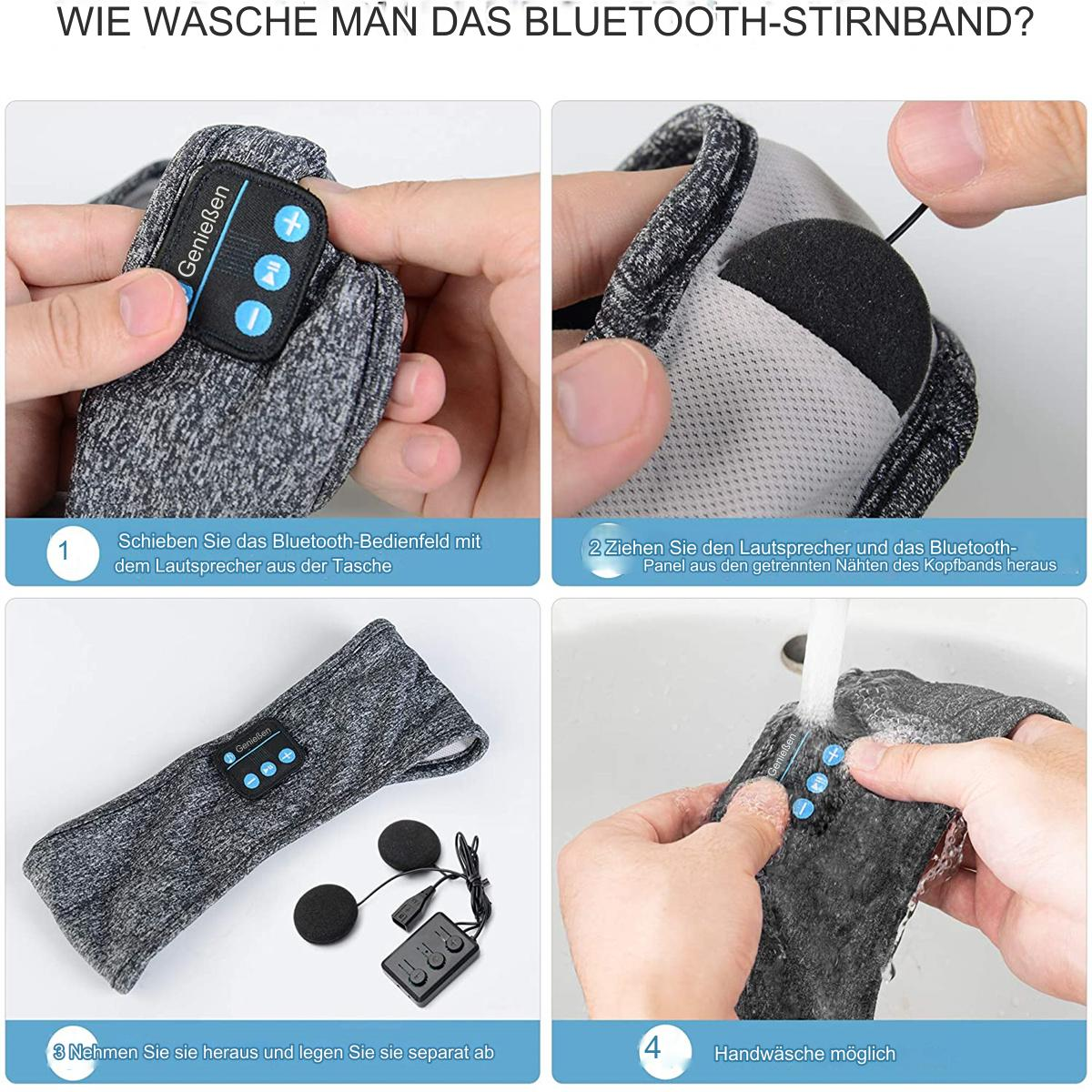 Vier Bilder zeigen, wie man ein Bluetooth-Stirnband wäscht. Schritte 1-4 werden gezeigt.