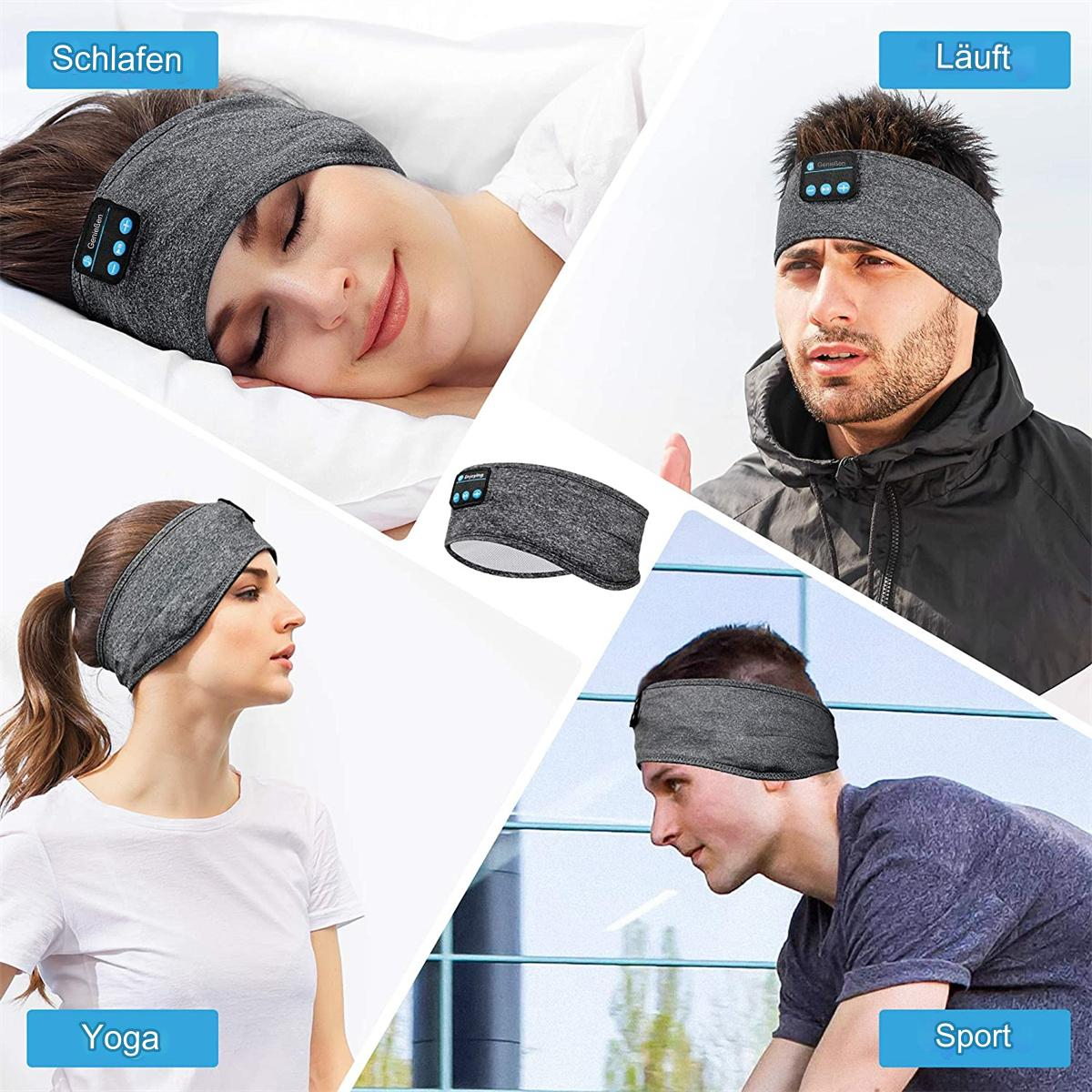 Mehrere Bilder von Personen, die ein graues Schlaf-Stirnband bei verschiedenen Aktivitäten verwenden.