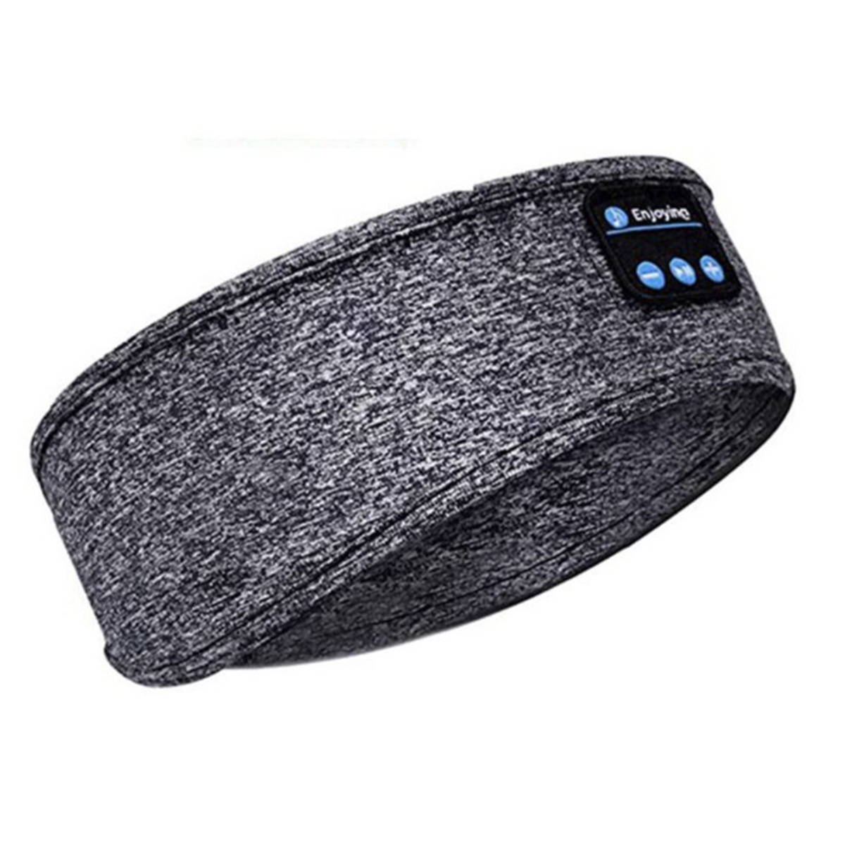 Graues Bluetooth-Stirnband. Es hat ein kleines Bedienfeld mit Tasten und dem Wort 'Enjoying'.