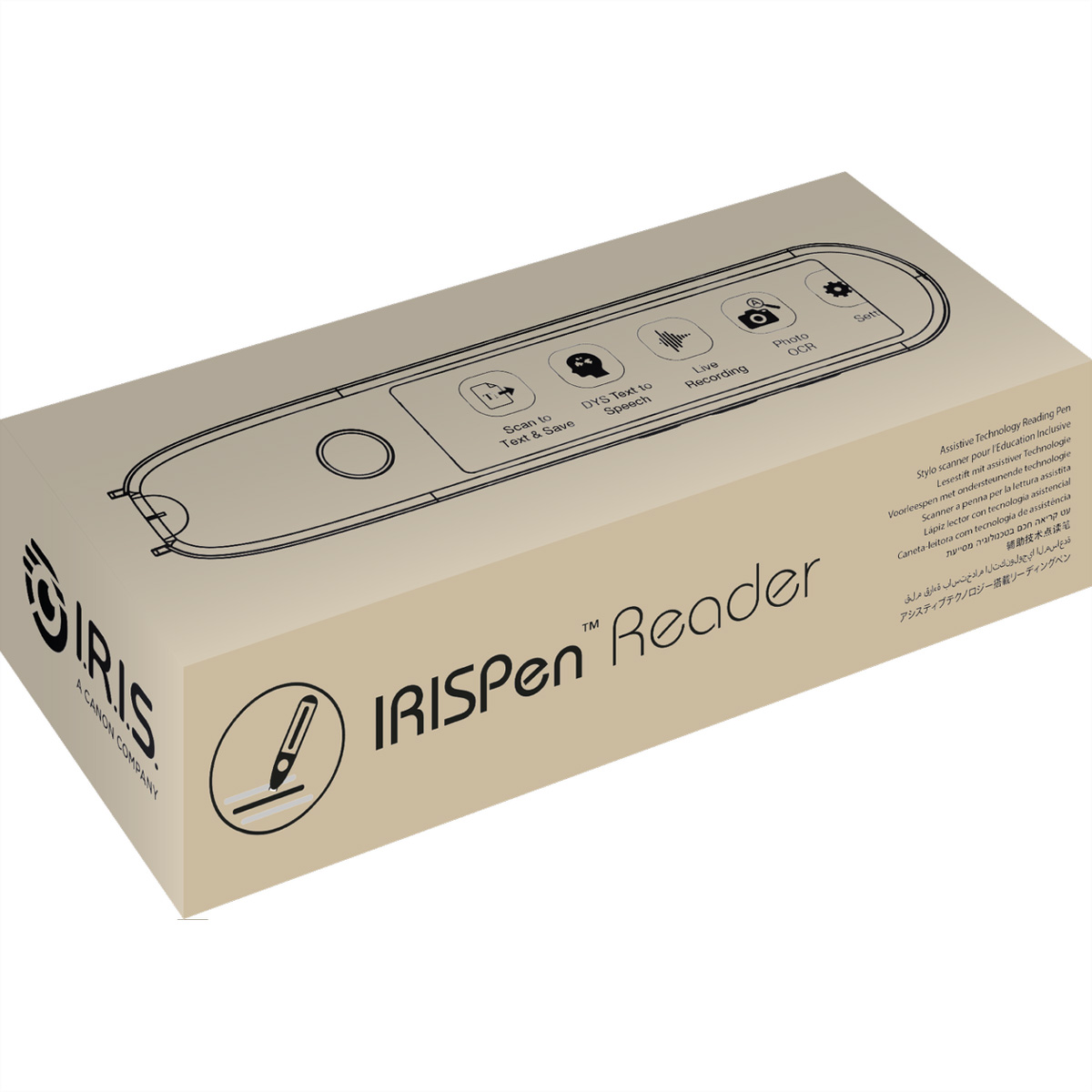 IrisPen Reader Box. Beige Box mit Stift-Umriss. Logos und Text in mehreren Sprachen.