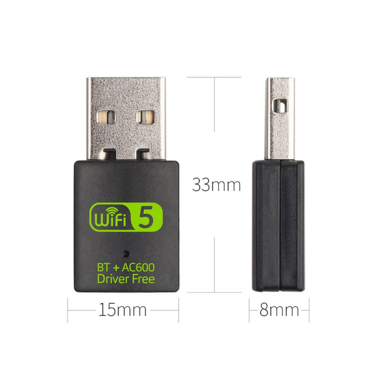 Ein schwarzer WiFi-Adapter mit USB-Anschluss. Abmessungen in Millimetern: 15x33x8.