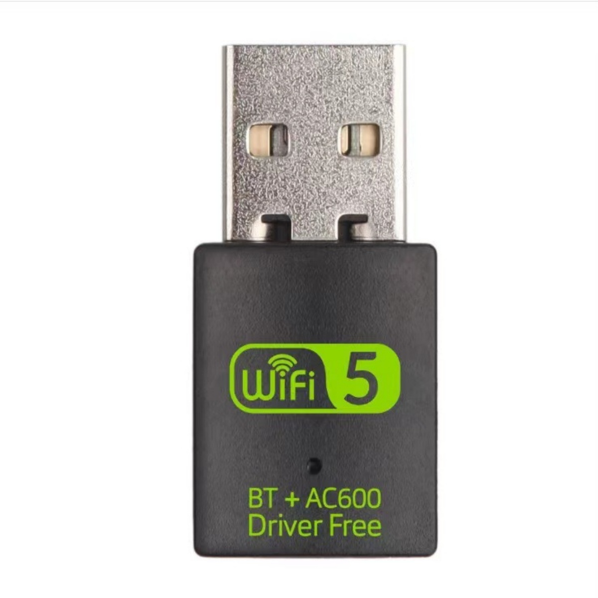 Nahaufnahme eines schwarzen WiFi 5 USB-Adapters mit grünem Text.