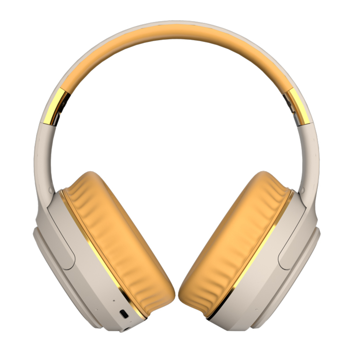 Ein Kopfhörer-Set mit weißem und goldenem Design, mit gelben Ohrmuscheln.