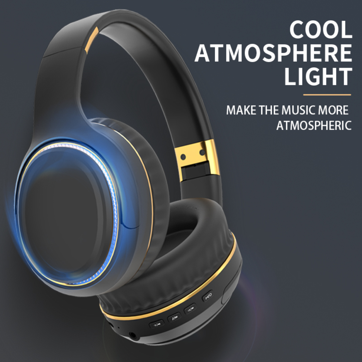 Schwarze Kopfhörer mit goldenen Akzenten und blauem Licht. Text lautet 'Cool Atmosphere Light'.