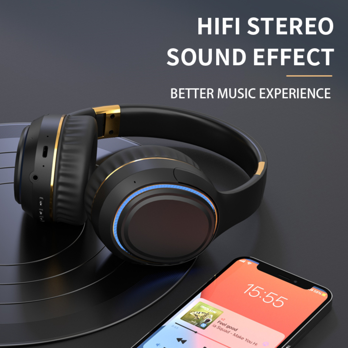 Kopfhörer mit Text: HI-FI STEREO SOUND EFFECT und ein Telefon.