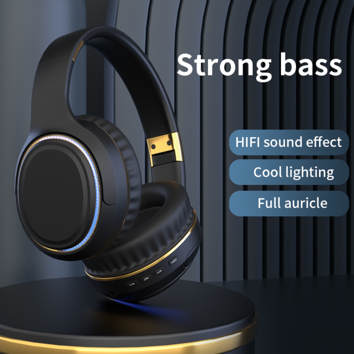 Schwarze kabellose Kopfhörer mit goldenen Akzenten, beschriftet 'Starker Bass', Funktionen gelistet.