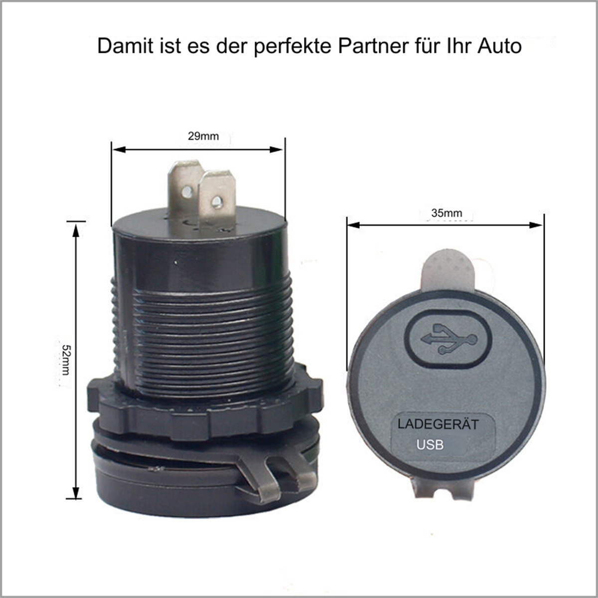 Zwei Artikel: ein USB-Ladegerätanschluss und seine Abdeckung, die Abmessungen zeigend.