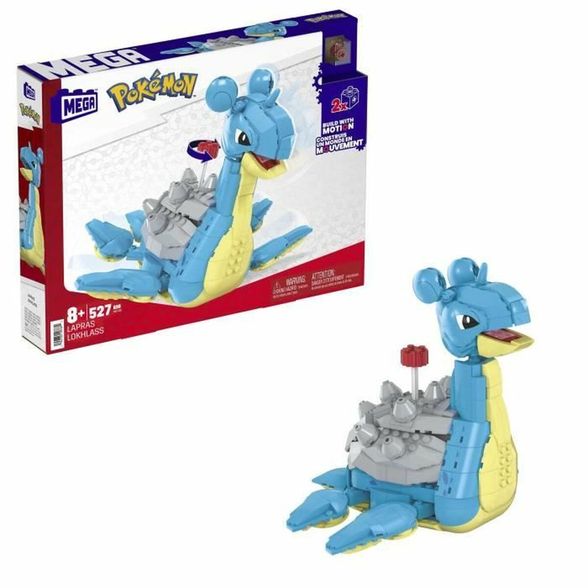 Zestaw zabawek Lego Lapras z pudełkiem. Jedna złożona zabawka obok pudełka. Kolory niebieski i żółty.