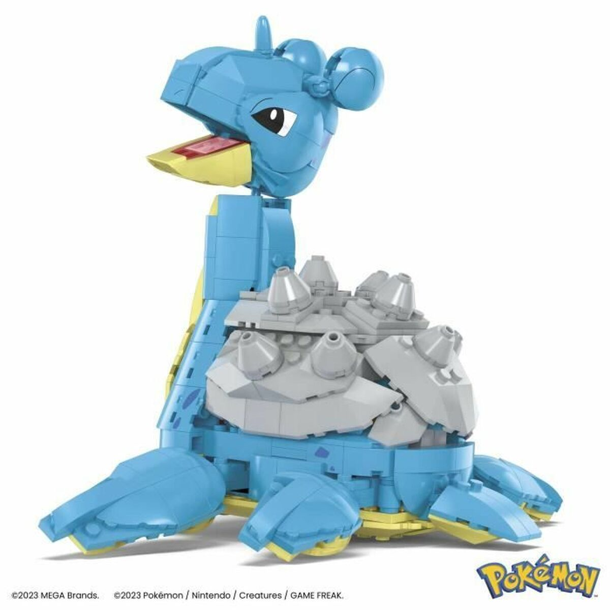 Niebiesko-szara figurka LEGO Lapras. To model Pokémon, przedstawiający żółwia morskiego.
