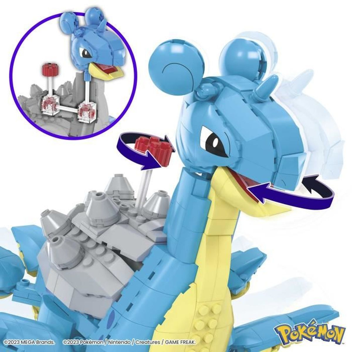 Niebiesko-szary model Laprasa z Pokemonów w stylu Lego, z obracaną głową i ogonem.