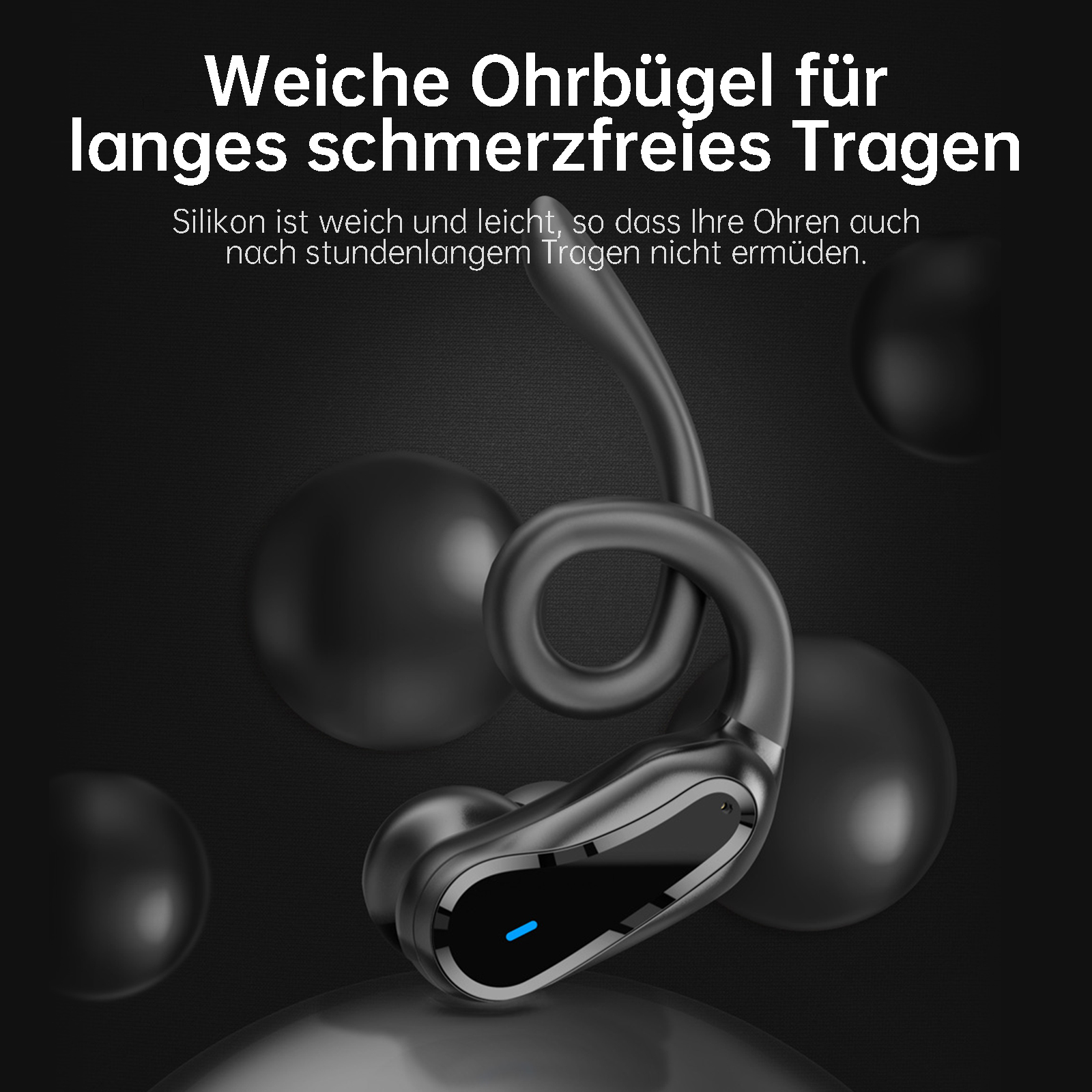 Schwarzer Ohrhörer mit blauem Licht unten und schwarzen Kugeln im Hintergrund.