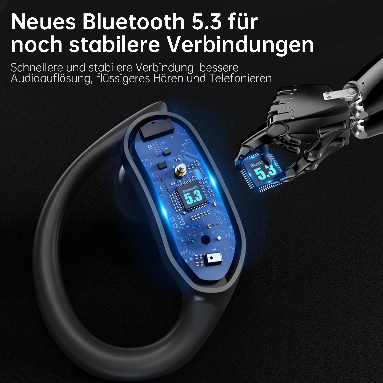 Ohrhörer mit einer blauen Leiterplatte und einer Roboterhand, die den Bluetooth-Chip hält.