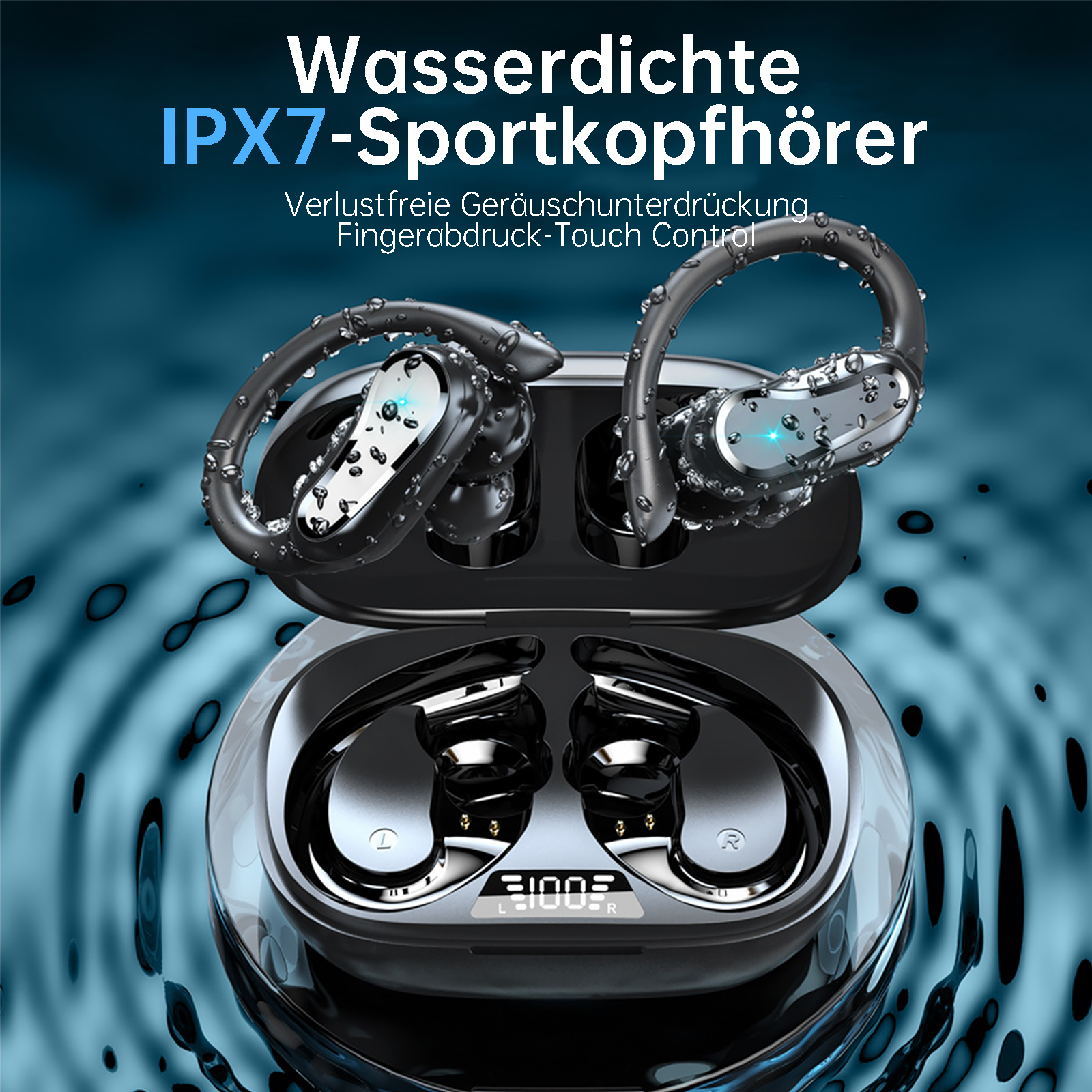 Schwarze wasserdichte Ohrhörer in einem Ladecase. Der Text im Bild lautet 'IPX7-Sportkopfhörer'. Wassertropfen sichtbar.