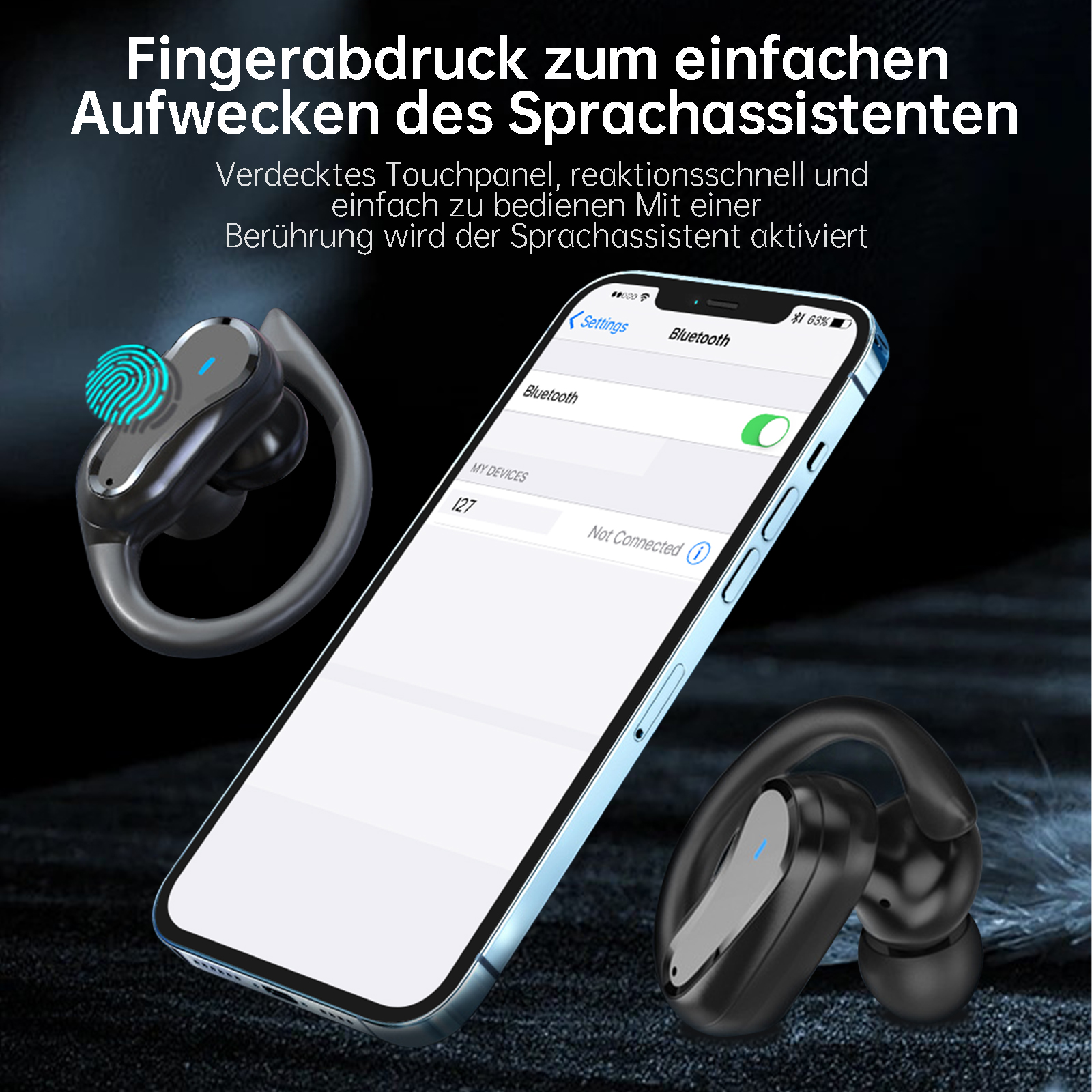 Schwarze Ohrhörer und Telefon mit Bluetooth-Einstellungen, blauer Hintergrund.