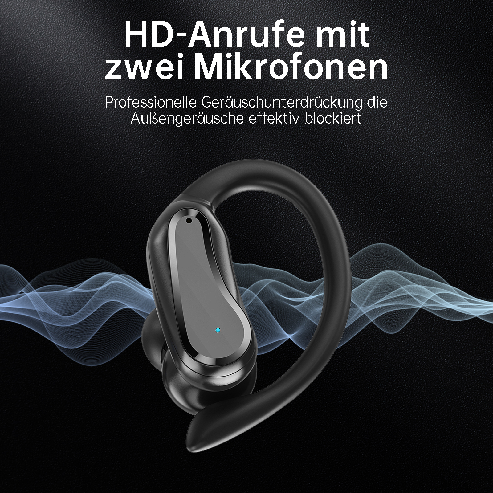 Ein schwarzer Ohrhörer mit Über-dem-Ohr-Haken. Text: HD-Anrufe mit zwei Mikrofonen. Geräuschunterdrückung wird angeboten.