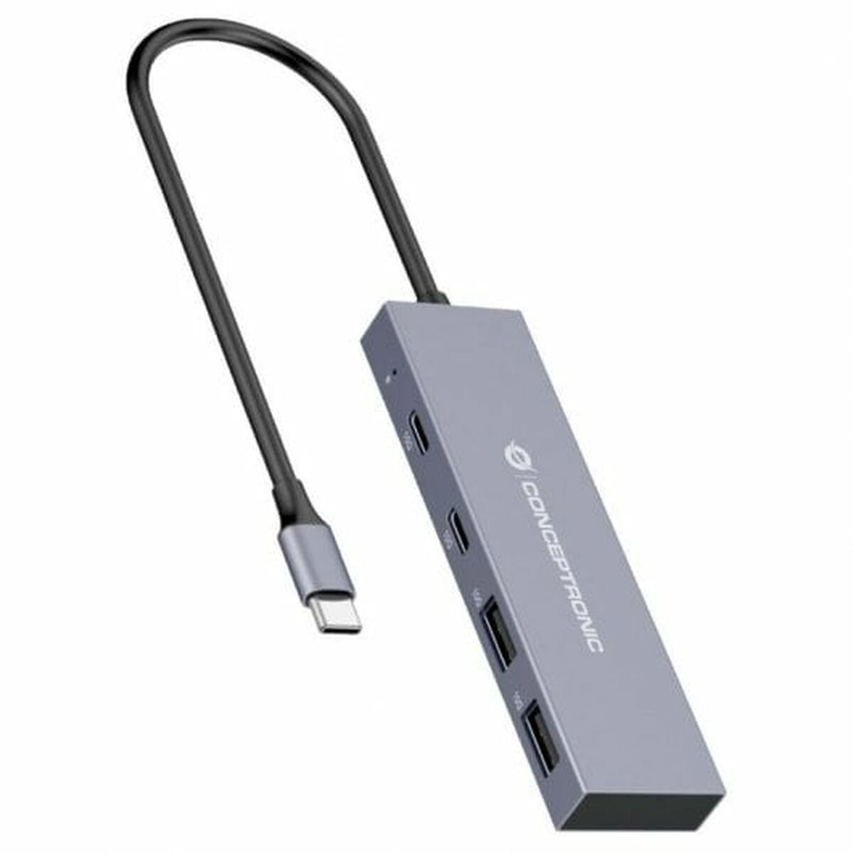 Un hub USB-C grigio con più porte. Un cavo nero è collegato. Sfondo bianco.
