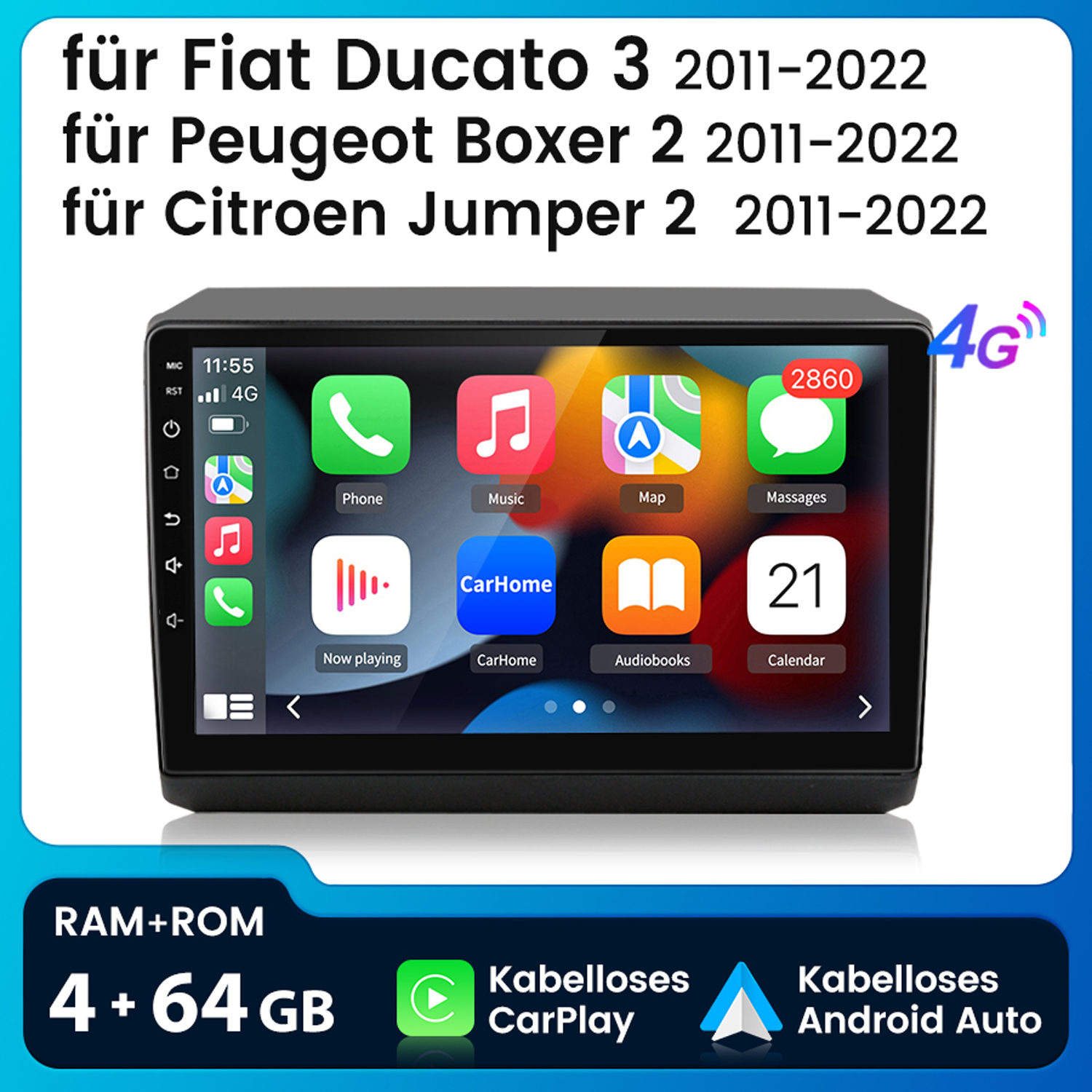 CAMECHO 2+64G 9" Autoradio Pour Fiat Ducato/Peugeot Boxer/Citroen Jumper 2011-2022, Android 13 Bluetooth HD Radio Avec Wireless Carplay Android Auto WiFi GPS HiFi FM/RDS +Caméra De Recul Canbus