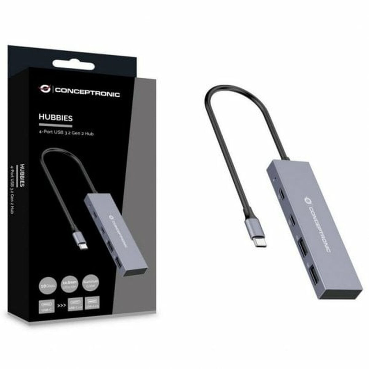 Un hub USB grigio Conceptronic con scatola nera, sfondo bianco.