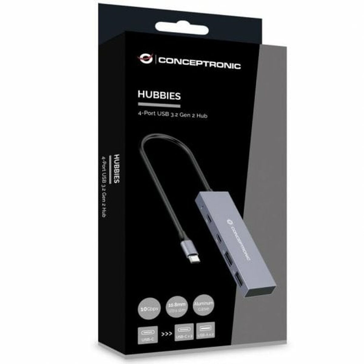 Scatola nera con hub USB e cavo. Hub argentato. Testo bianco.