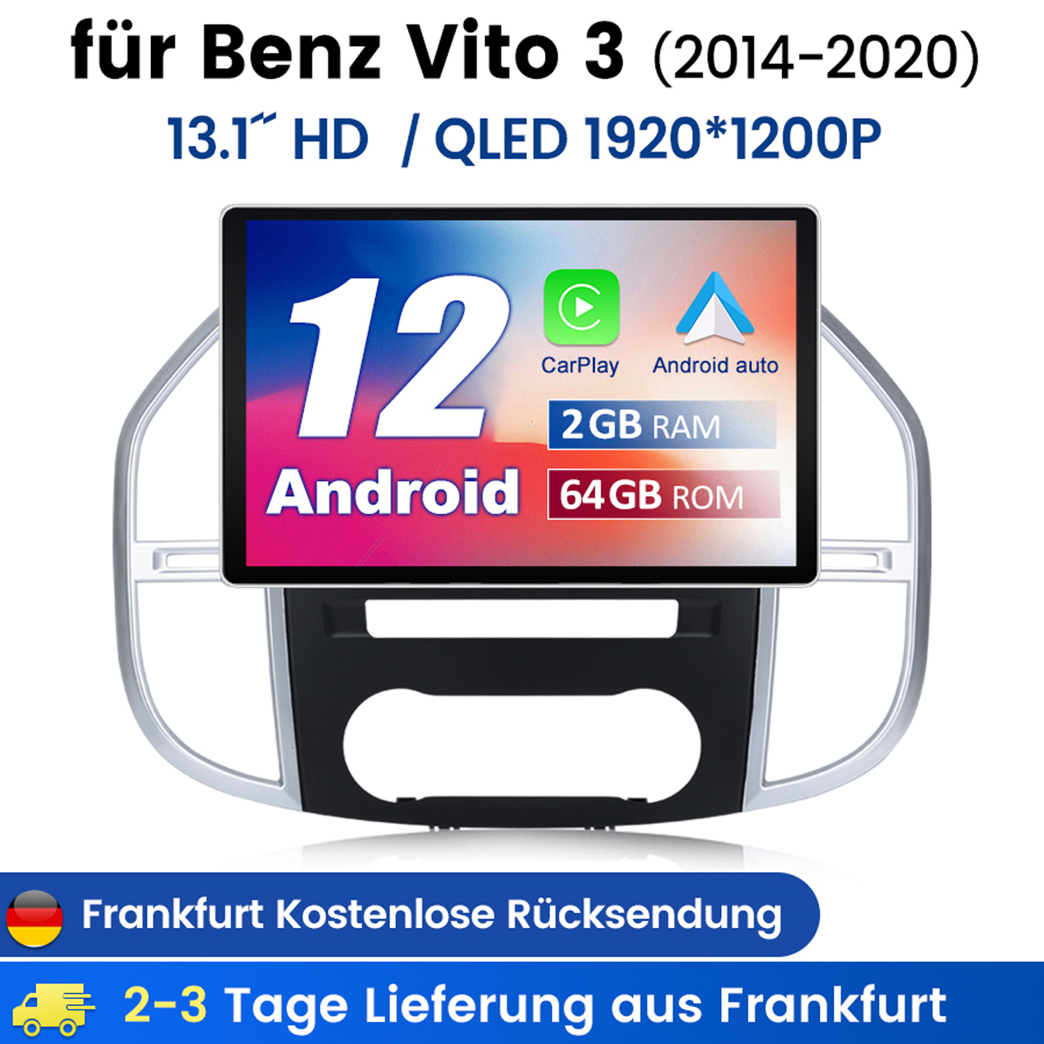 Auto-Multimediasystem-Bildschirm mit Android-Oberfläche und Produktdetails.
