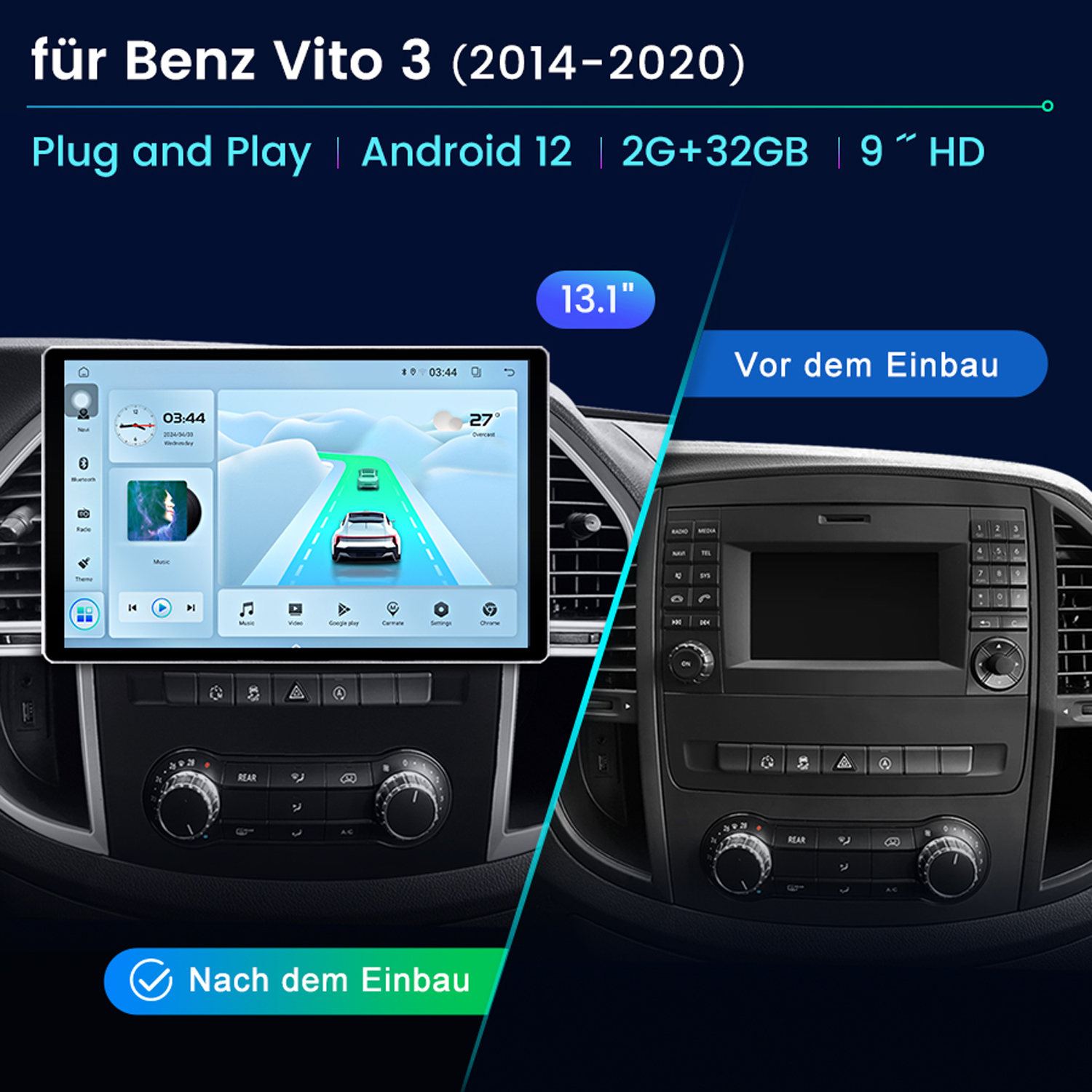 Armaturenbrett eines Autos mit Navigationsbildschirm. Texte: 'Vor dem Einbau' und 'Nach dem Einbau'.