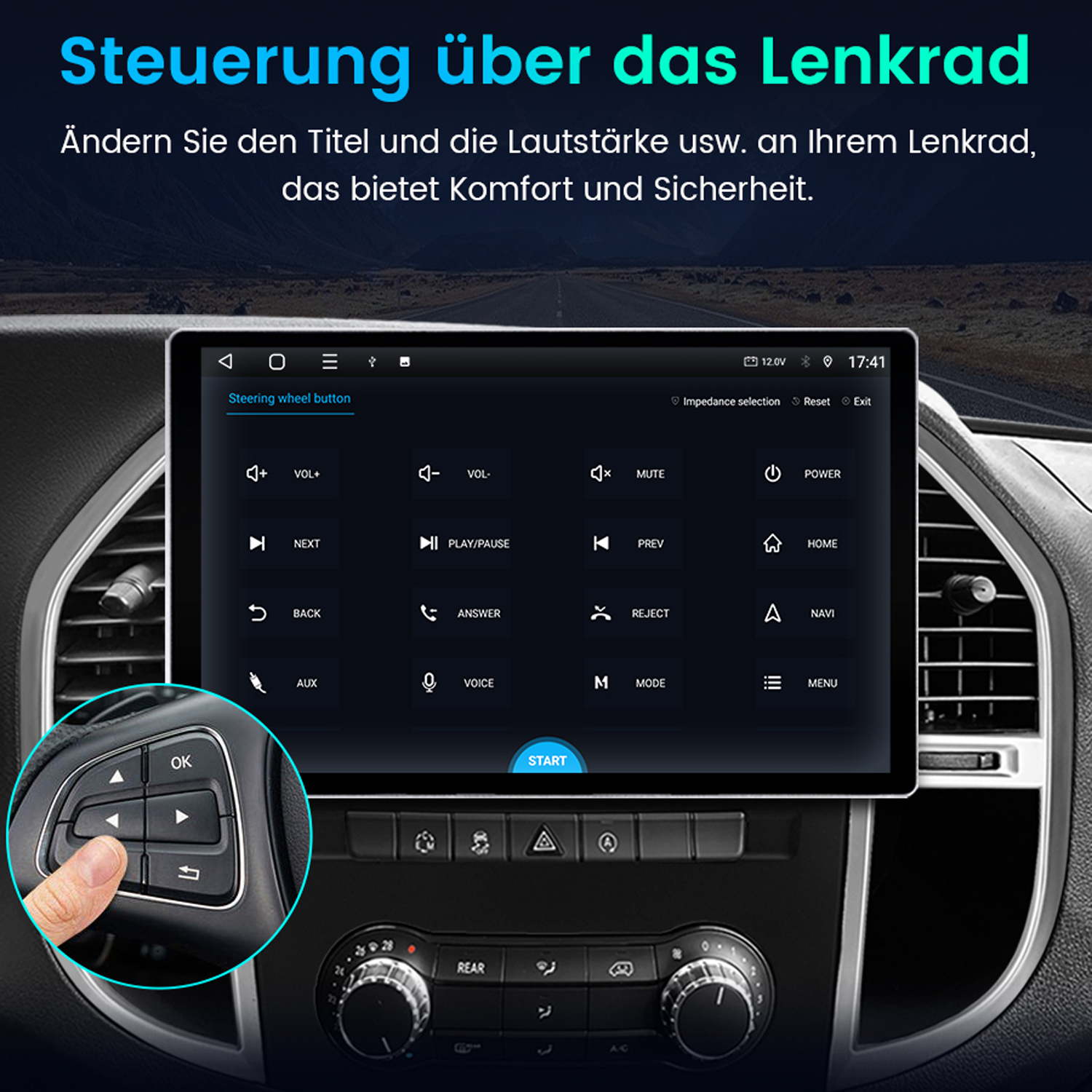 Armaturenbrett eines Autos mit Infotainment-Bildschirm. Das Lenkrad ist im Bild sichtbar.