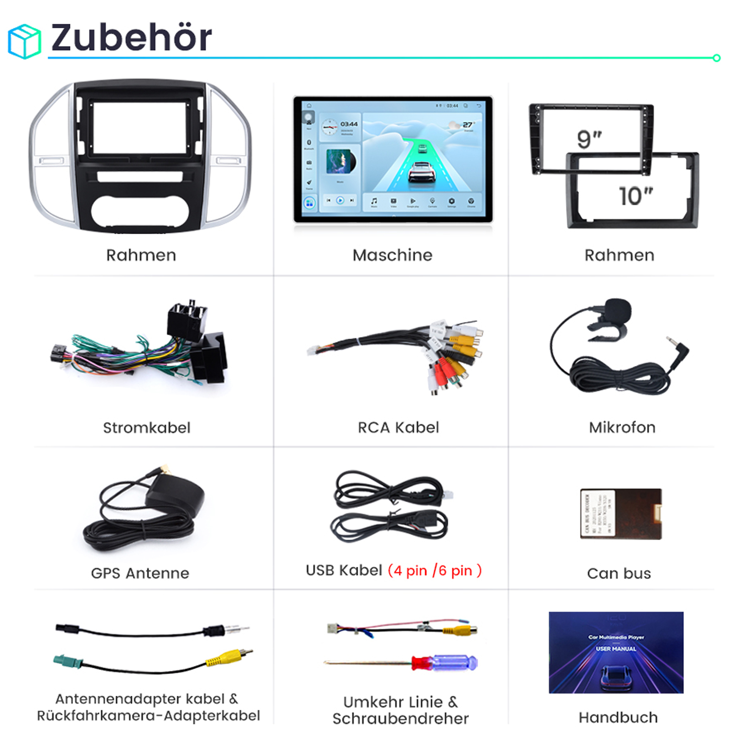 Sortiment an Car-Audio-Zubehör, einschließlich Display, Kabeln und Montagerahmen.