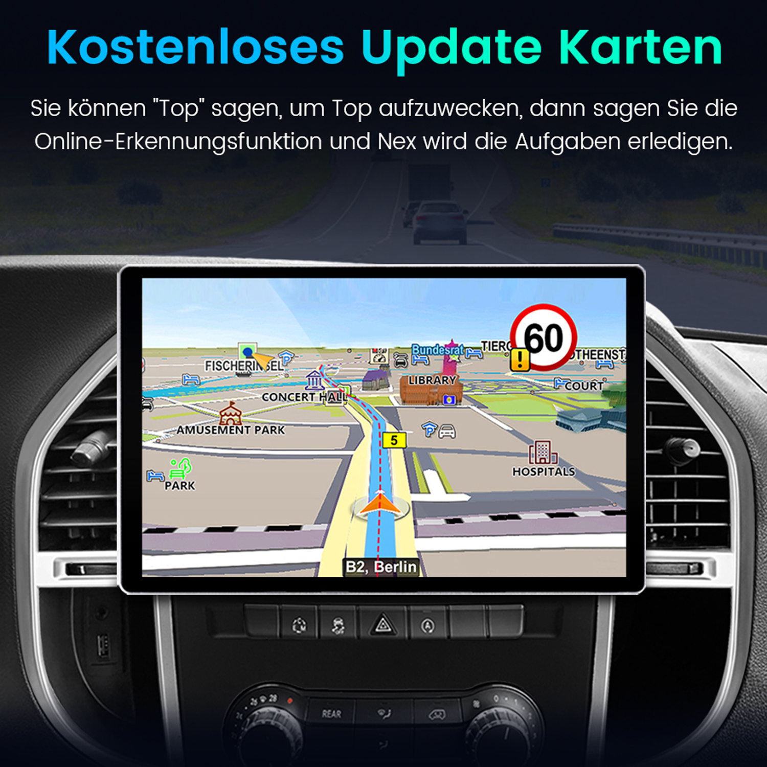 Auto-Armaturenbrett mit Navigationsbildschirm, der eine Karte mit 60 Geschwindigkeitsbegrenzung anzeigt.