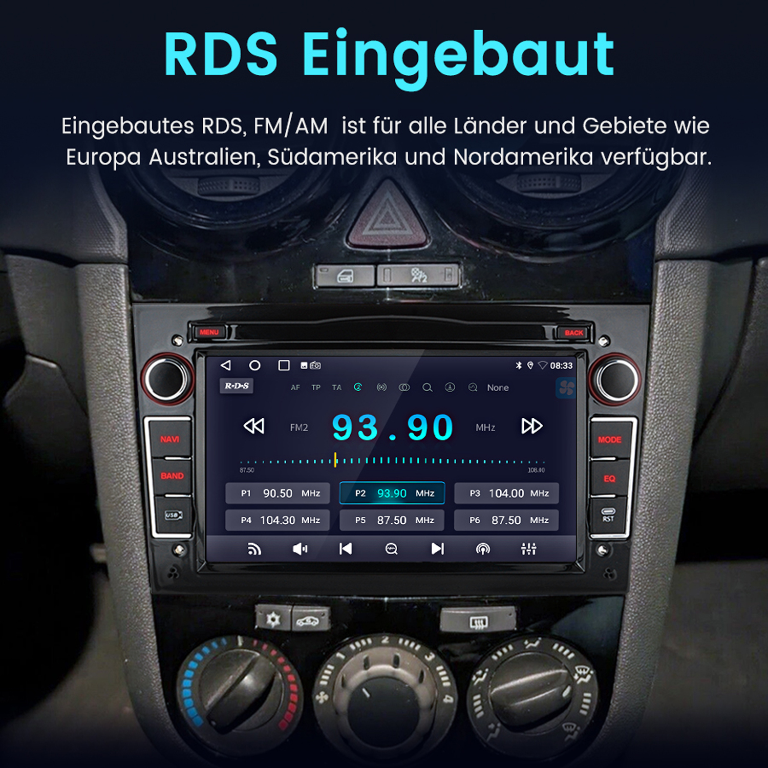 Autoradio mit Bildschirm, der Radiofrequenz anzeigt, Bedienelementen und Armaturenbrett.
