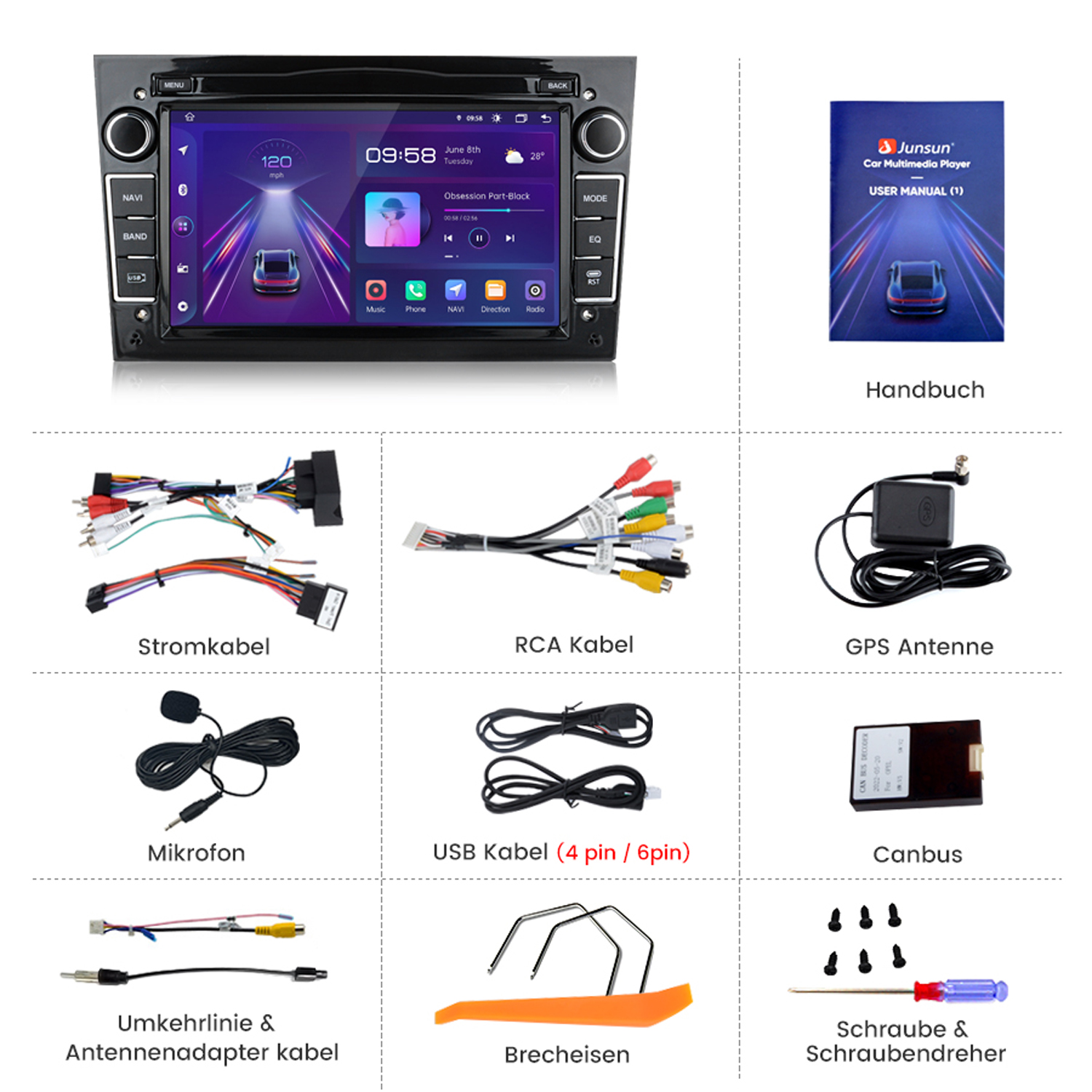Komponenten des Car-Multimedia-Players, einschließlich Headunit, Kabel und Zubehör.