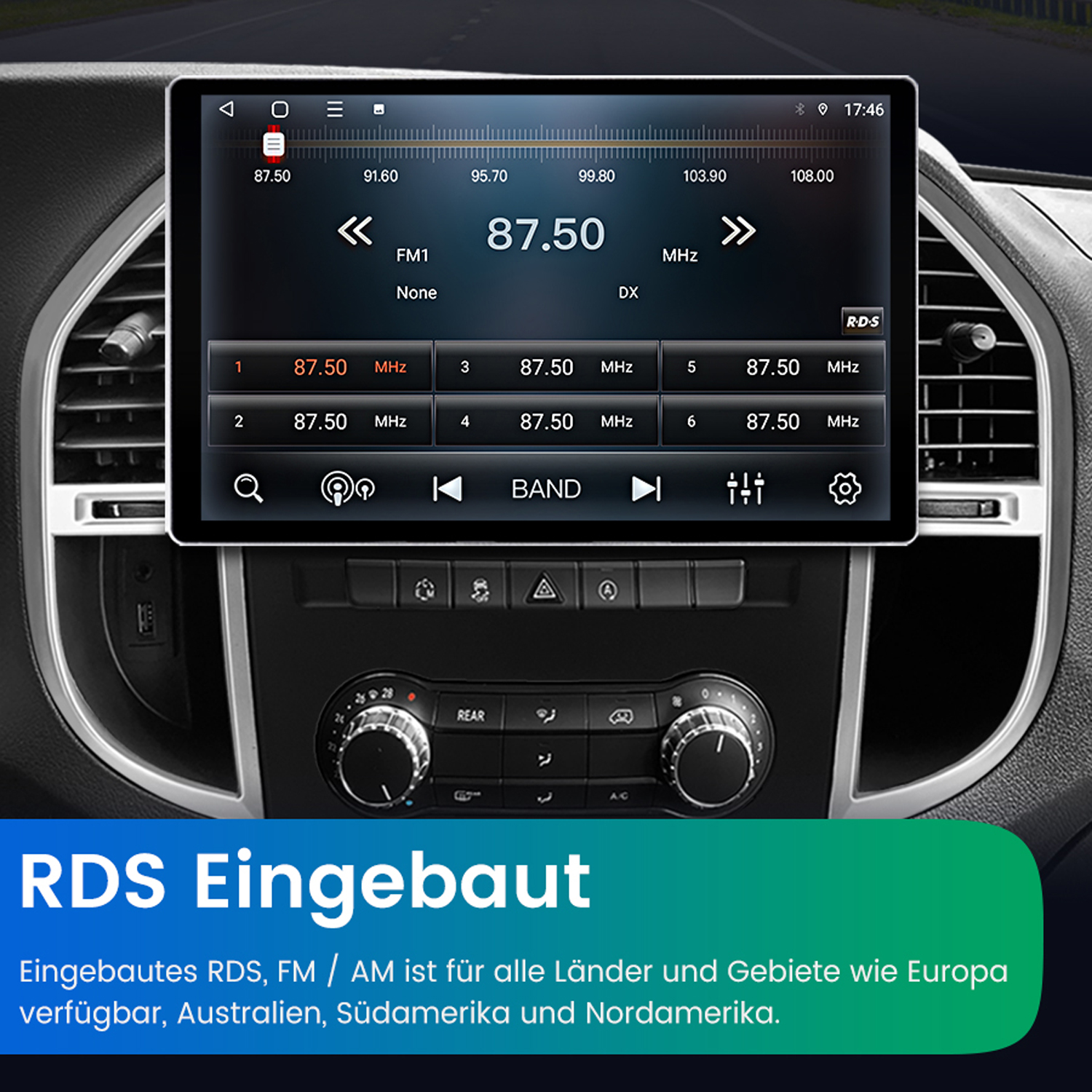 Ein Autoradio-Bildschirm zeigt Radioinformationen mit mehreren Tasten und der Aufschrift "RDS Eingebaut".