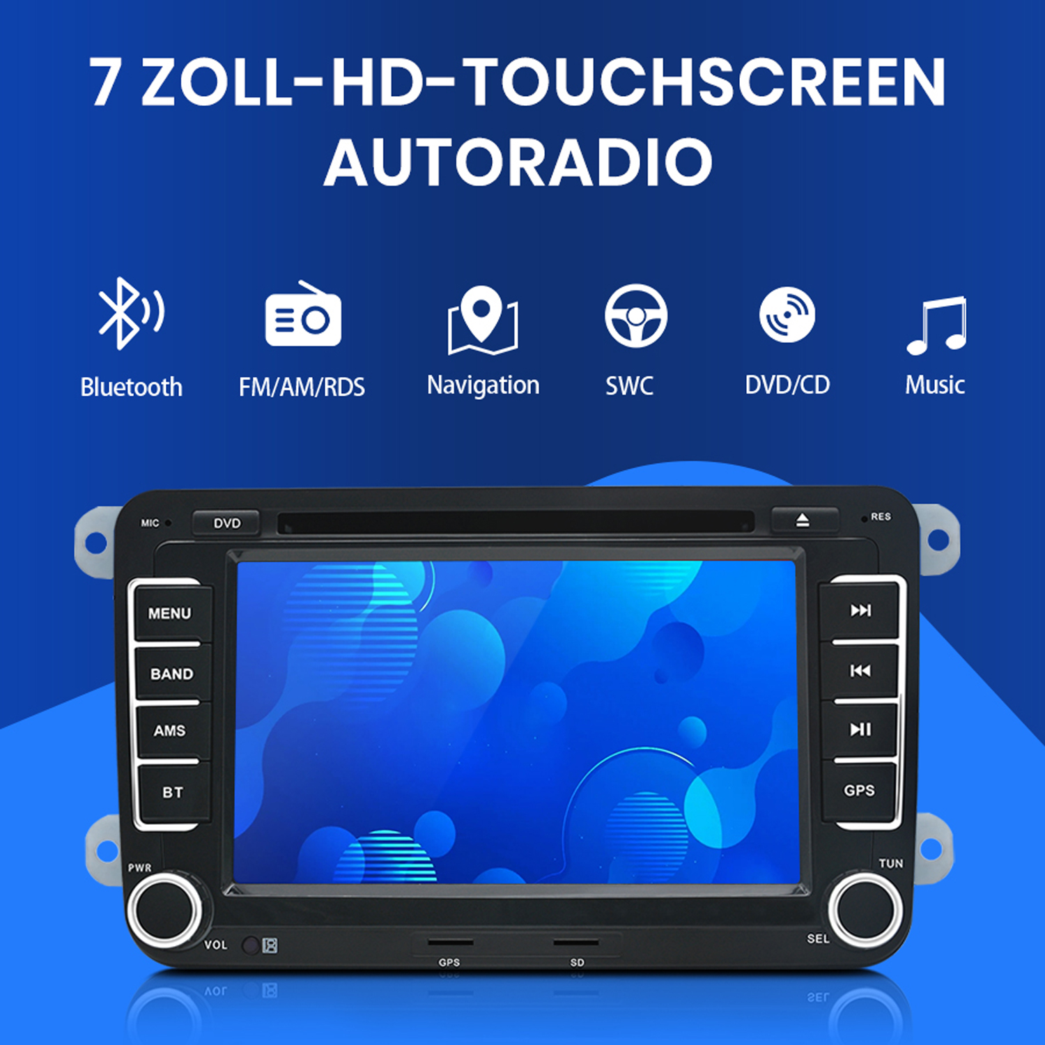 Ein 7-Zoll-Autoradio-Touchscreen mit Symbolen für Bluetooth, FM/AM, Navigation, SWC, DVD/CD und Musik.