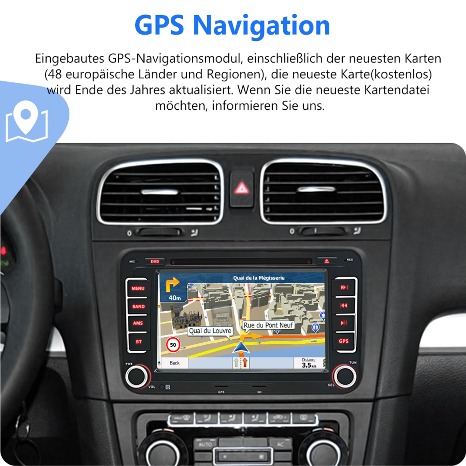 Autoradio-Bildschirm mit GPS-Navigationskarte und Anweisungen, mit Armaturenbrettansicht.