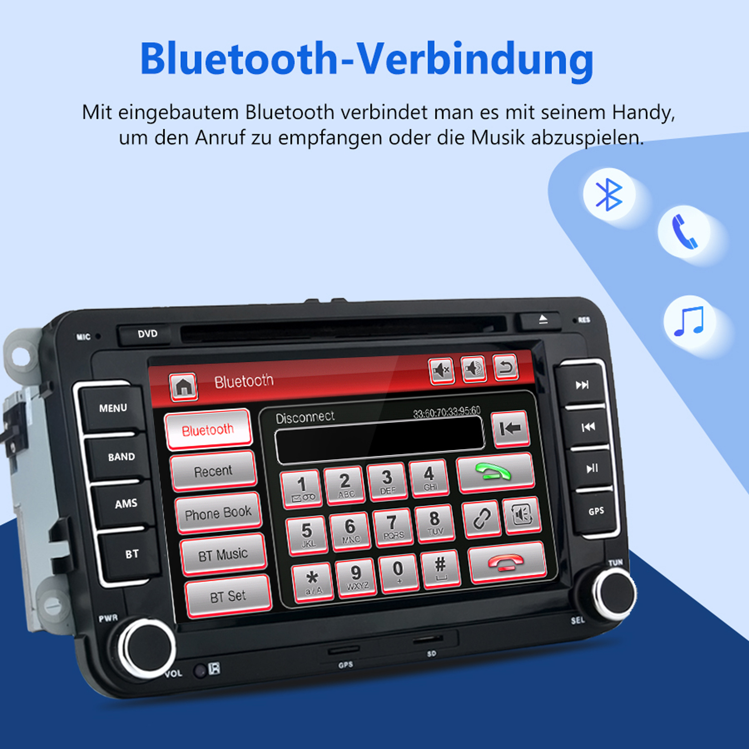 Autoradio-Bildschirm mit Bluetooth-Optionen und Oberfläche, umgeben von Tasten.
