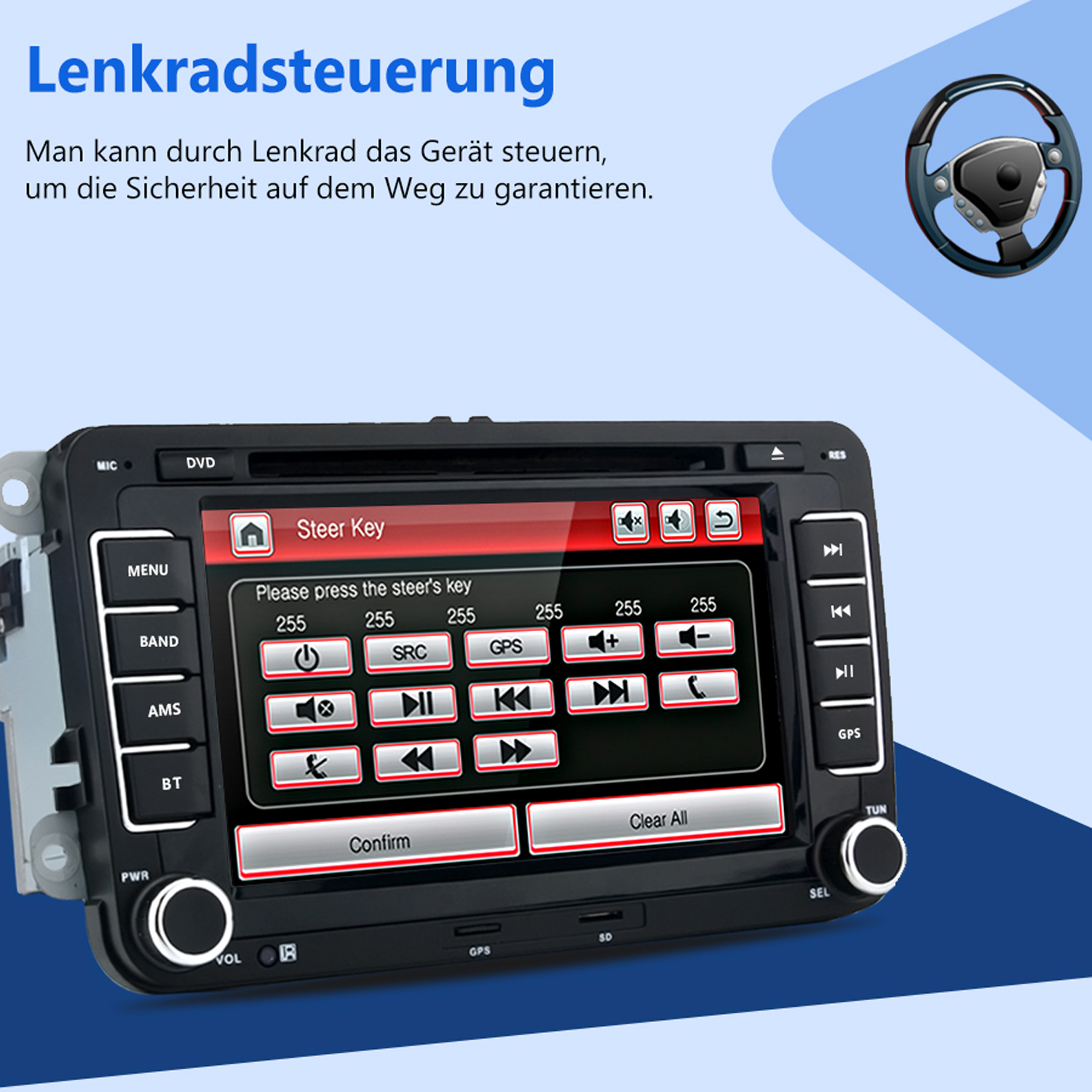 Autoradio-Bildschirm mit Bedienelementen, zeigt die Steer Key-Schnittstelle.