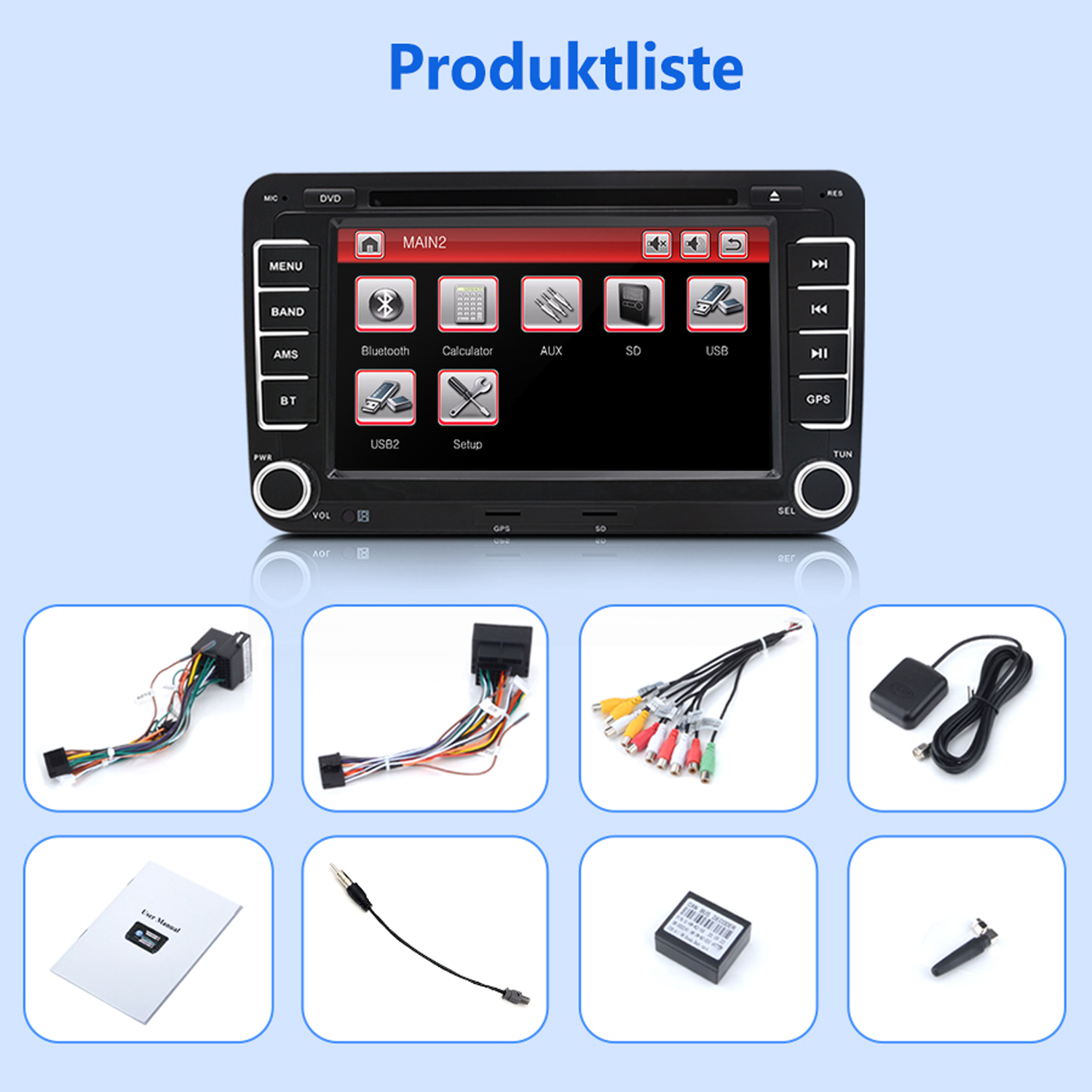 Auto-Multimedia-Player mit Symbolen und Zubehör.