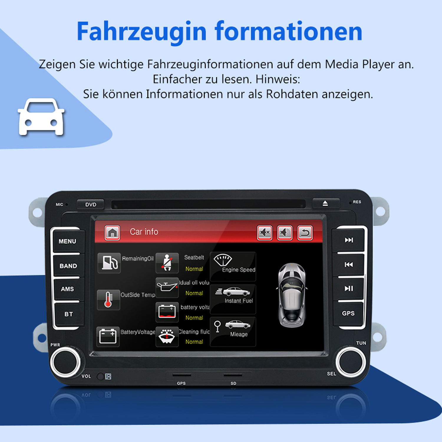 Bildschirm des Auto-Multimedia-Systems mit Fahrzeuginformationen, Tasten und einem Fahrzeugdiagramm.