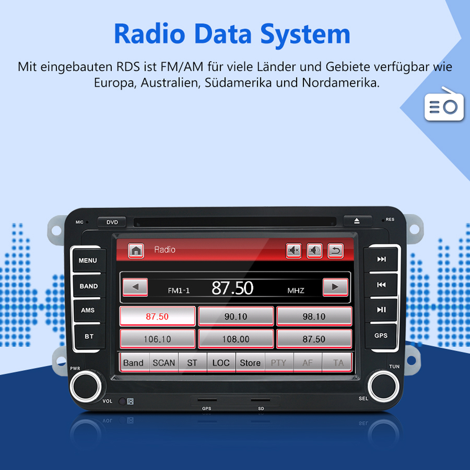 Autoradio mit Anzeige von Radiodatensystem-Informationen, mit Text drumherum.
