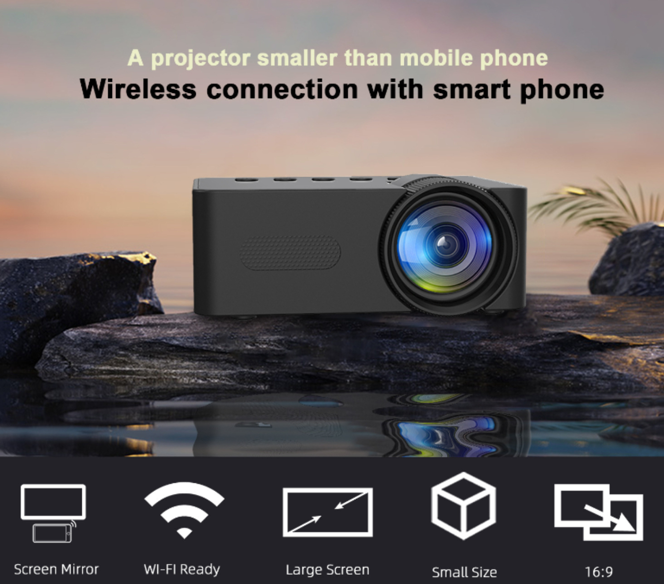 Ein schwarzer Projektor mit Symbolen für Bildschirmspiegelung, WLAN, großer Bildschirm, kleine Größe und 16:9.