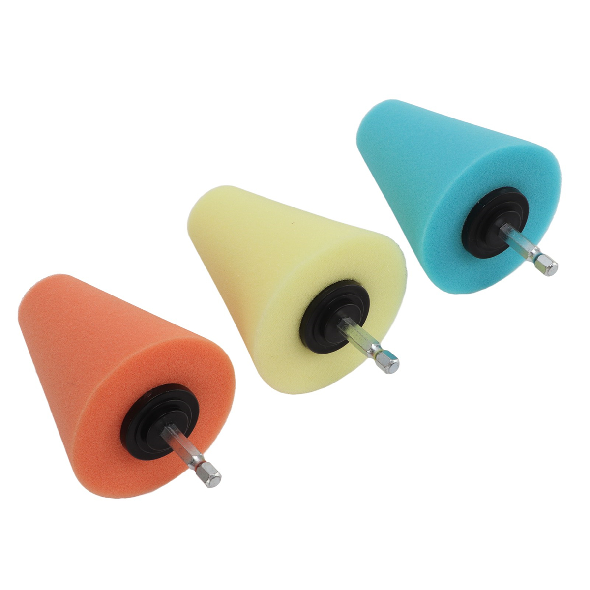 Drei konische Schaumstoff-Polierpads. Farben sind orange, gelb und hellblau. Jeder hat eine schwarze Basis und einen Metallschaft.