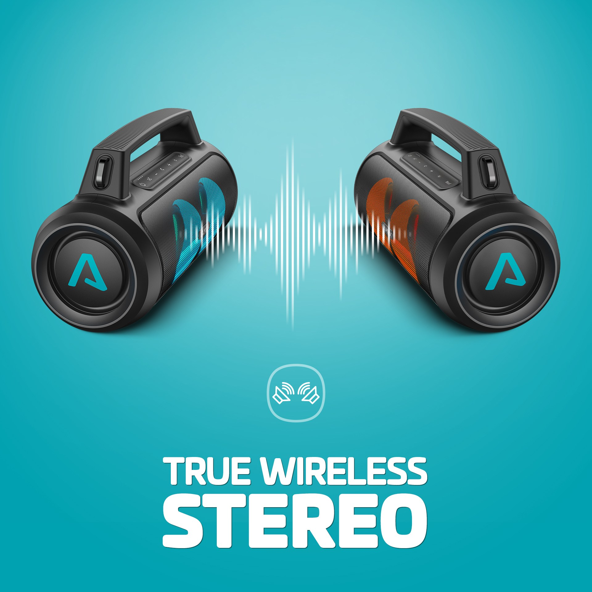 Dwa czarne głośniki z uchwytami, falami dźwiękowymi i białym tekstem 'True Wireless Stereo' na niebieskim tle.