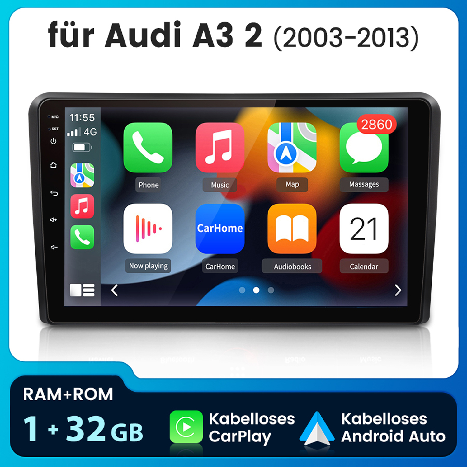 Autoradio-Bildschirm mit App-Symbolen, darunter Telefon, Musik, Karte und Kalender. Es hat auch 4G- und CarPlay-Logos.