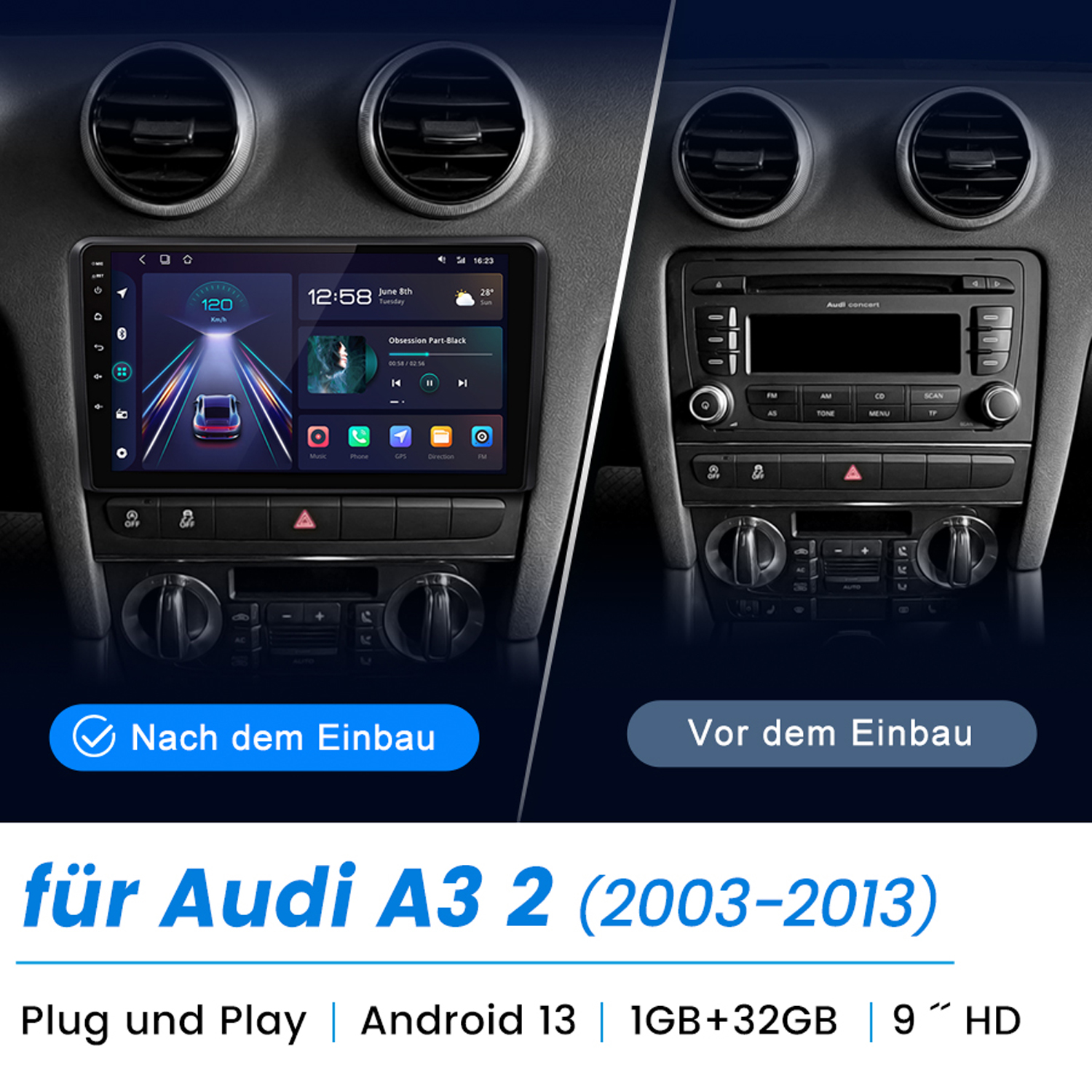 Autoradiosystem mit Vorher- und Nachher-Ansicht, das die integrierte Anzeige zeigt.